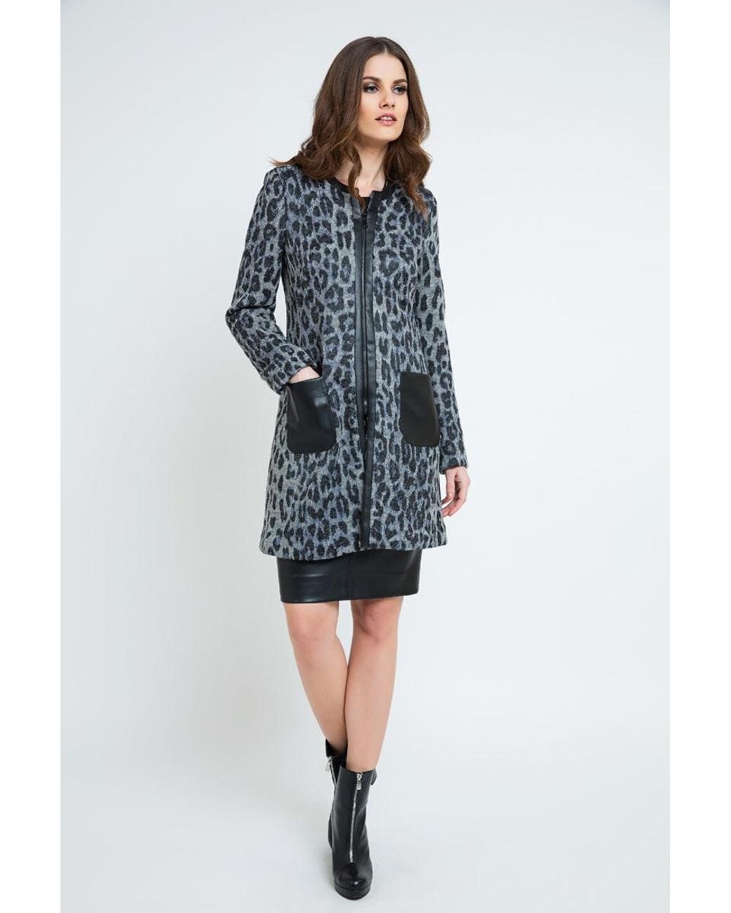 Conquista Black Animal Print Coat With Pleather Detail