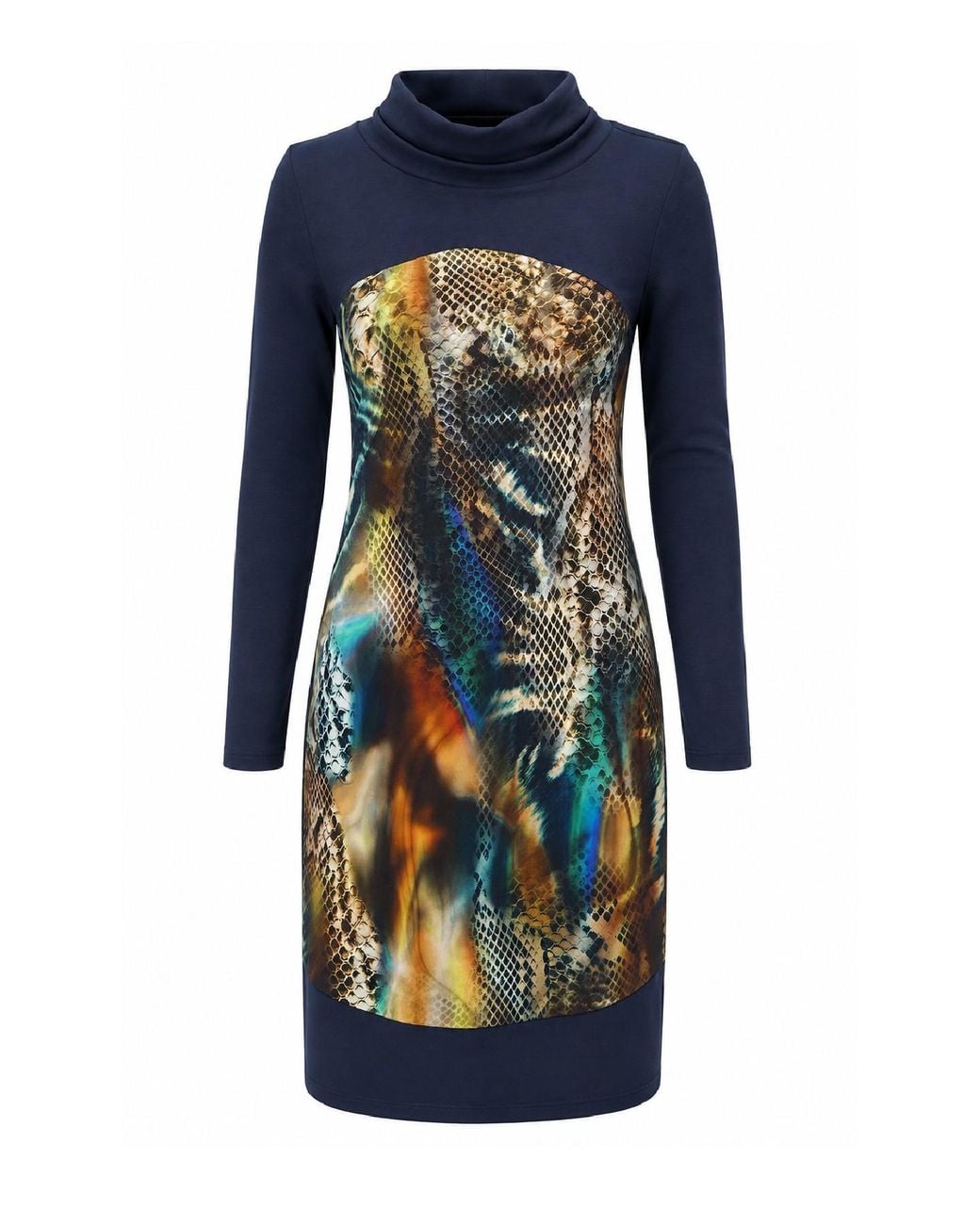 Conquista Blue Cowl-Neck Printed Panel Dress