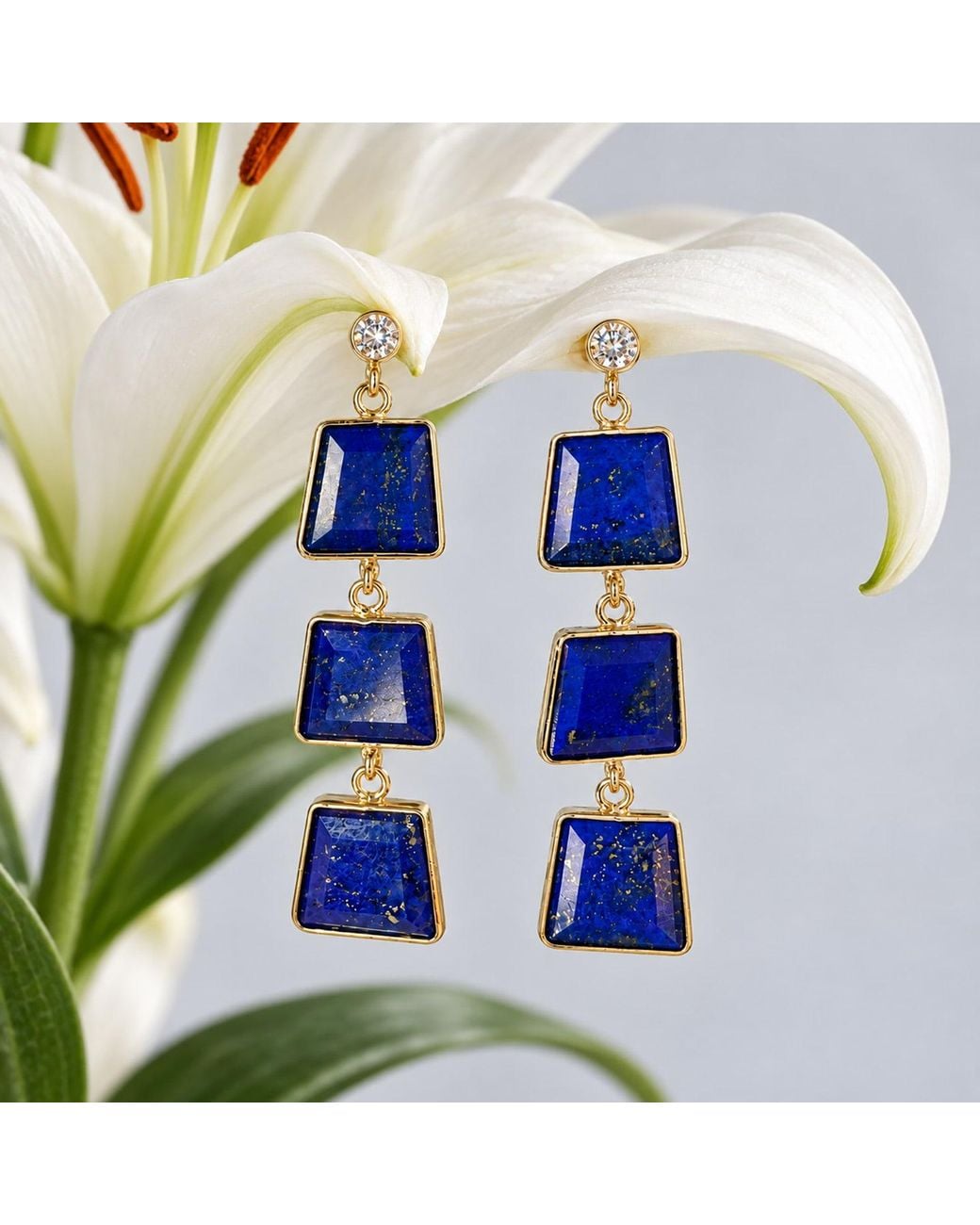 Rare Matters Jewelry Blue Natural Lapis Lazuli Triple Drop Earrings