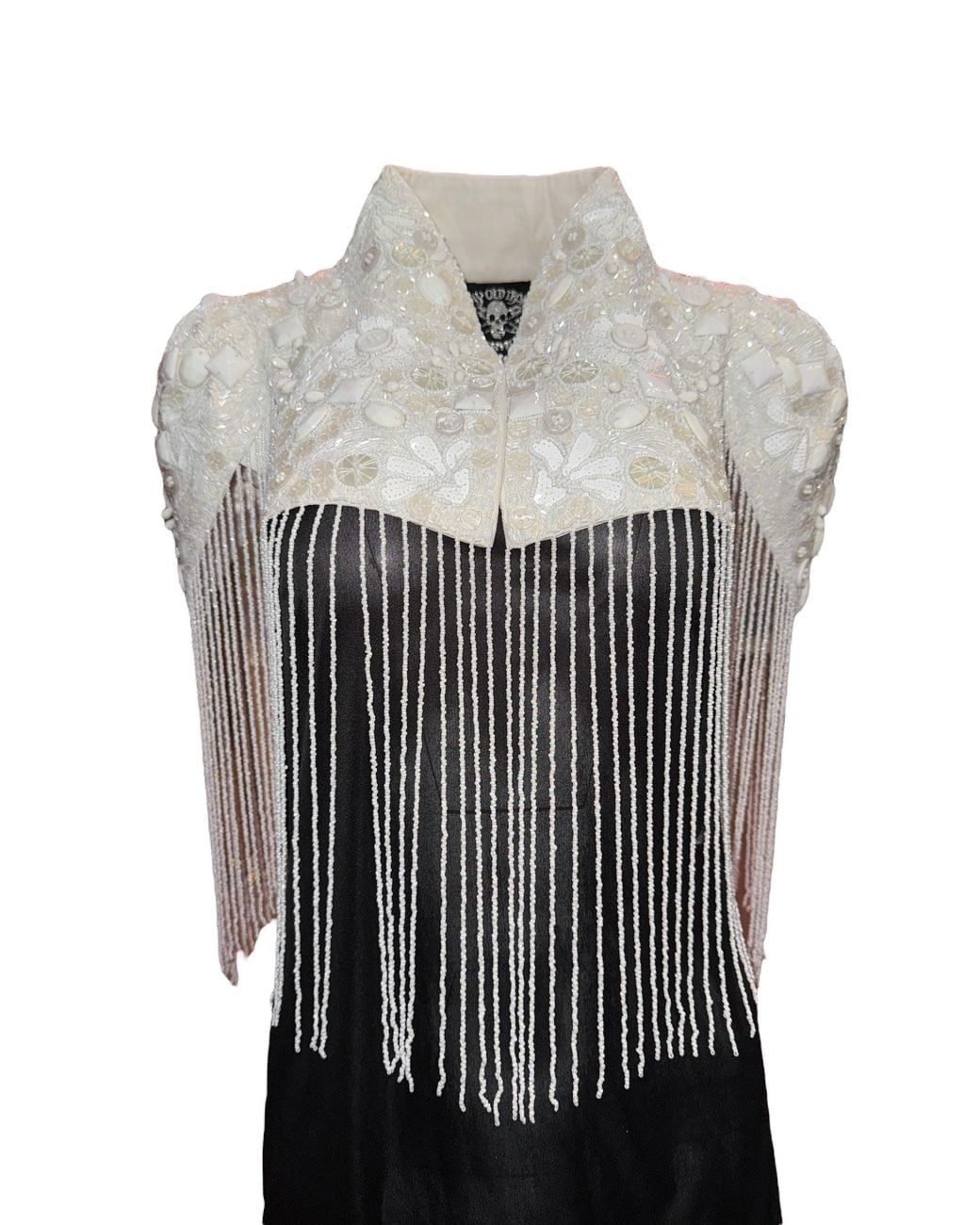 Any Old Iron Gray Beaded Button Fringe Shrug