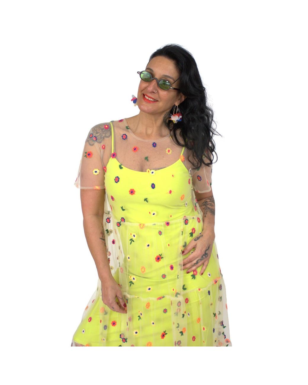 Lalipop Design Yellow Fluorescent Dress With Flower Embroidered Tulle