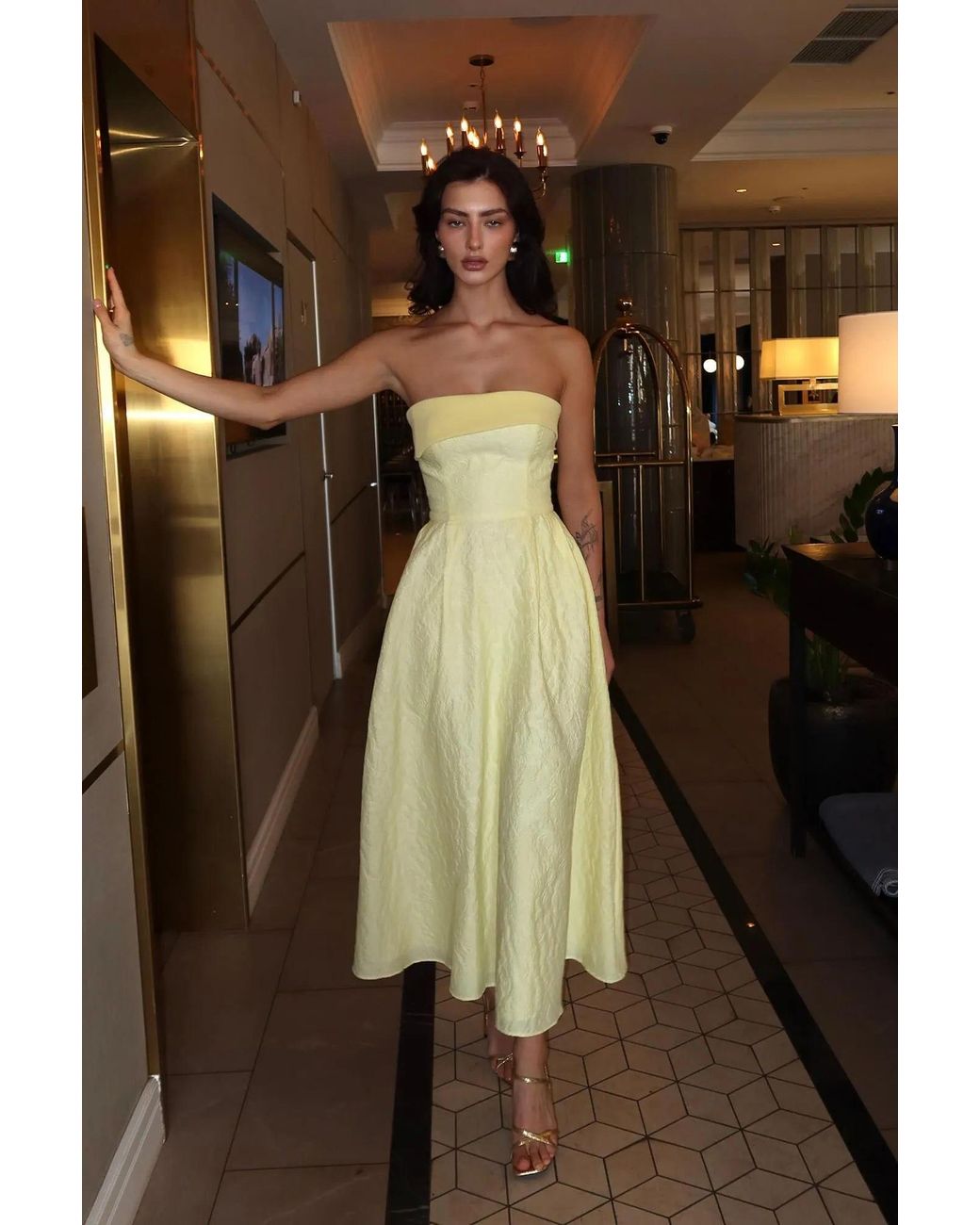 POST MERIDIEM Yellow Jacquard Midi Dress With Satin Turn-Up