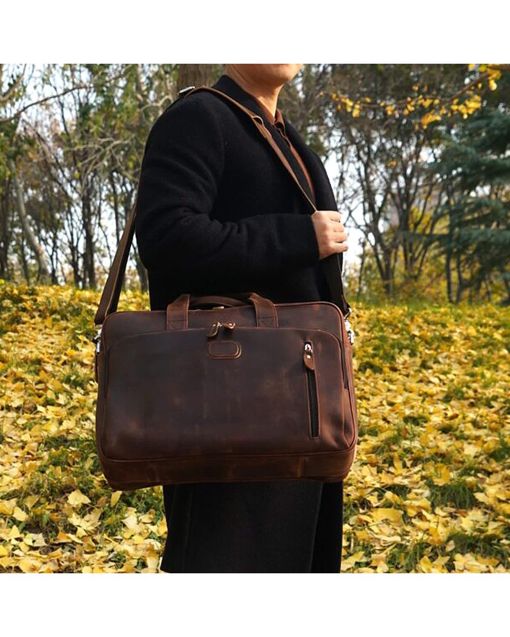 Touri Brown Genuine Leather Briefcase With Front Leather Patch for men