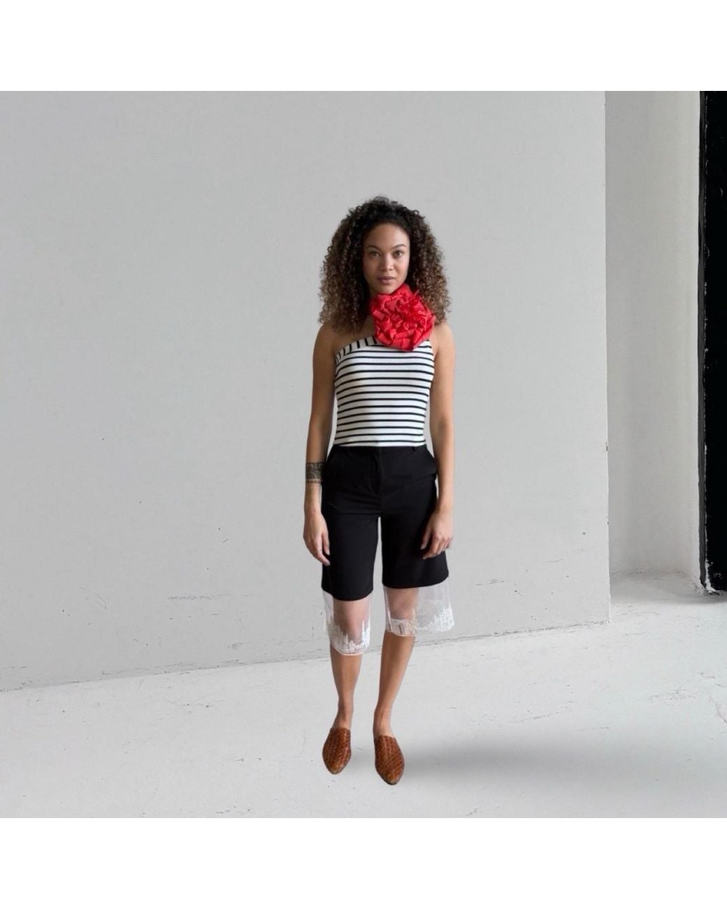 London Atelier Byproduct Red Striped One Shoulder Top With Flower Pin