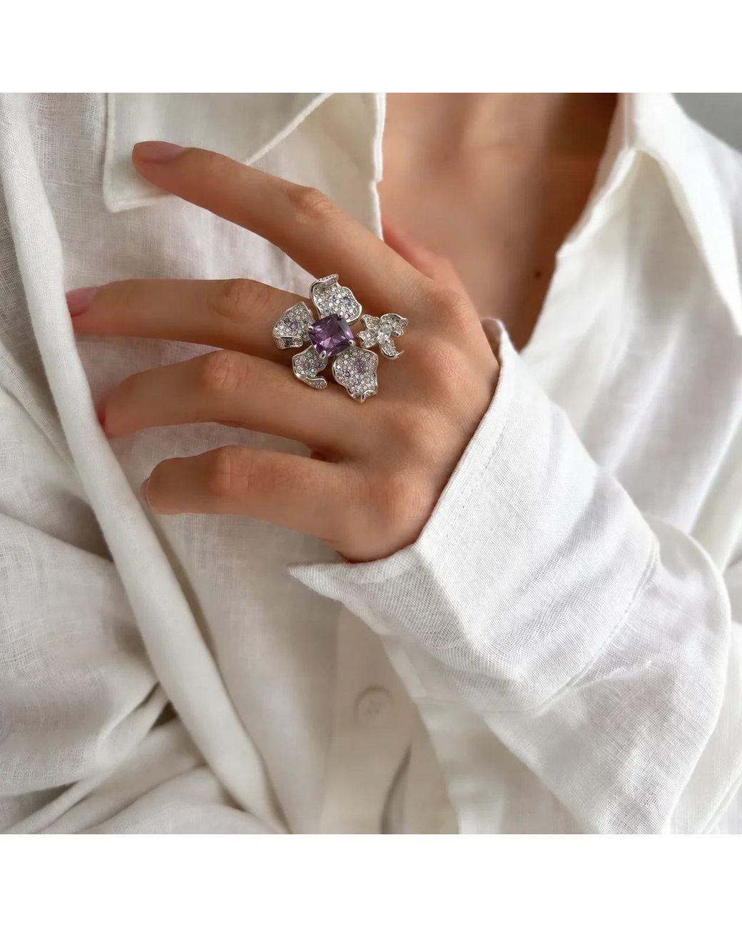 Angel Barocco Metallic Floral Zircon Sterling Ring