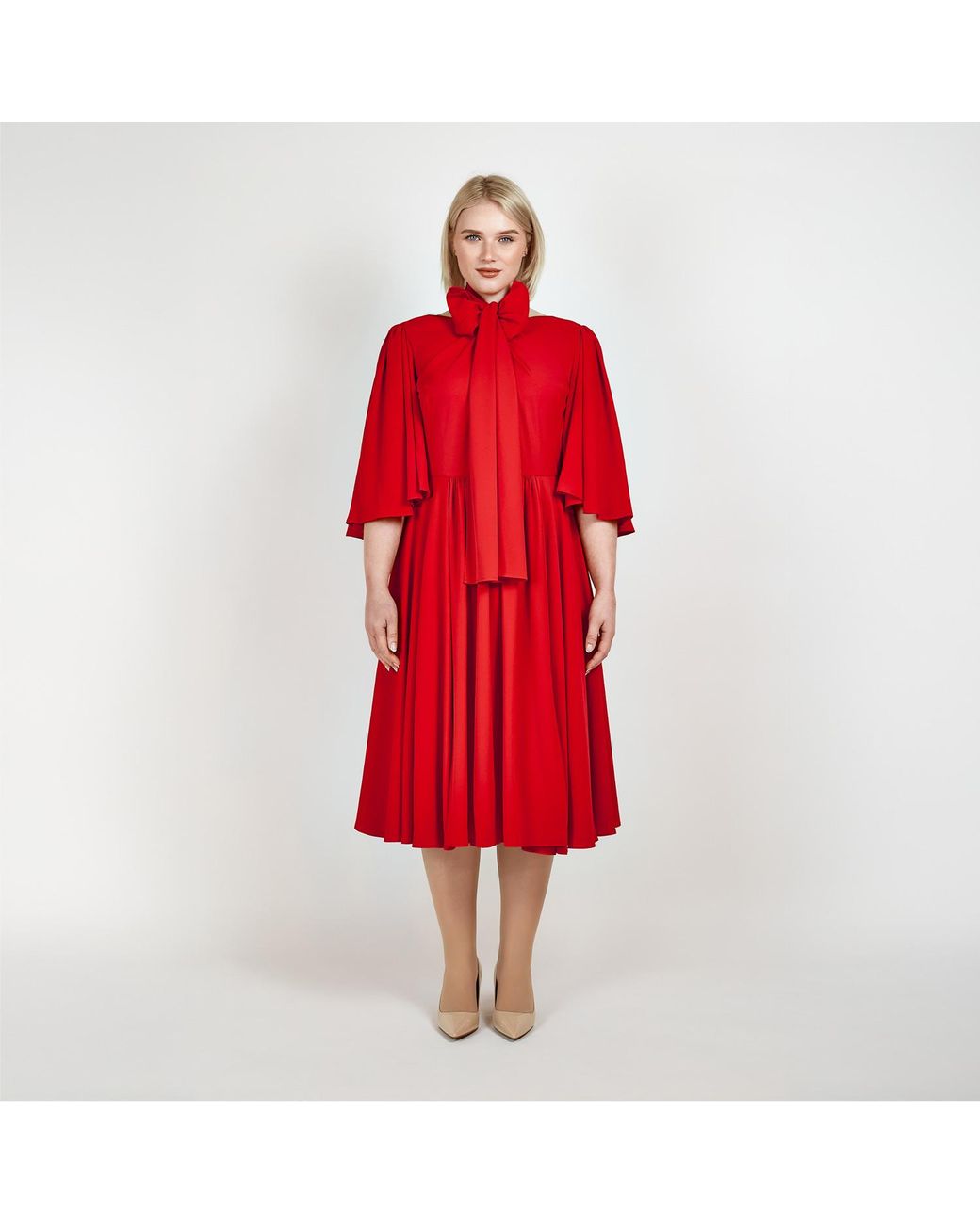 Femponiq Red Bow Tie Neck Pleated Midi Dress