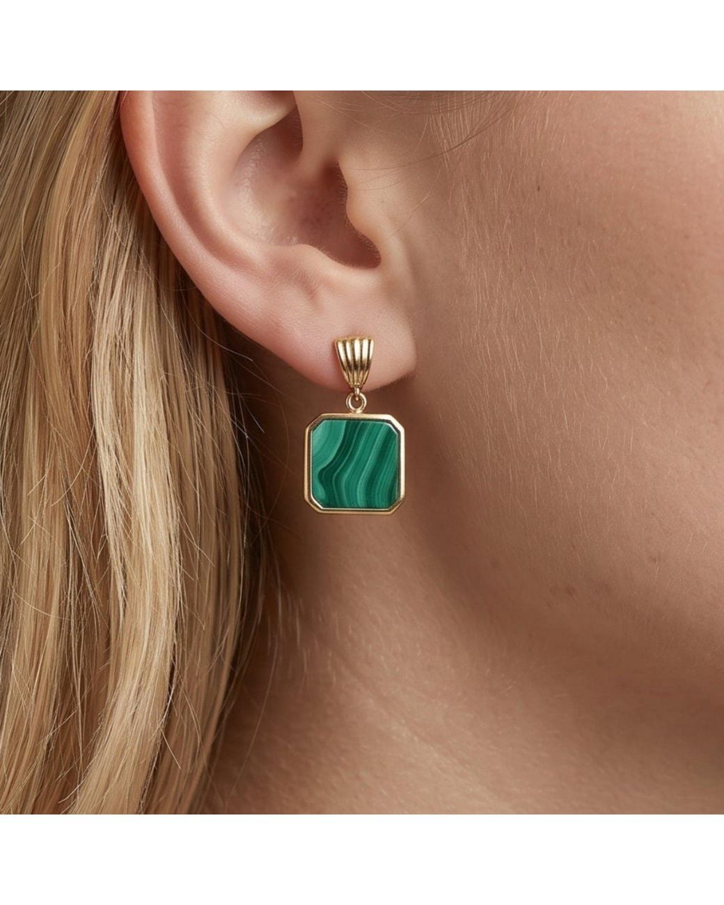 Uchi and Soto Green Shikaku Solid 925 With 18K Vermeil & Malachite Square Drop Earrings