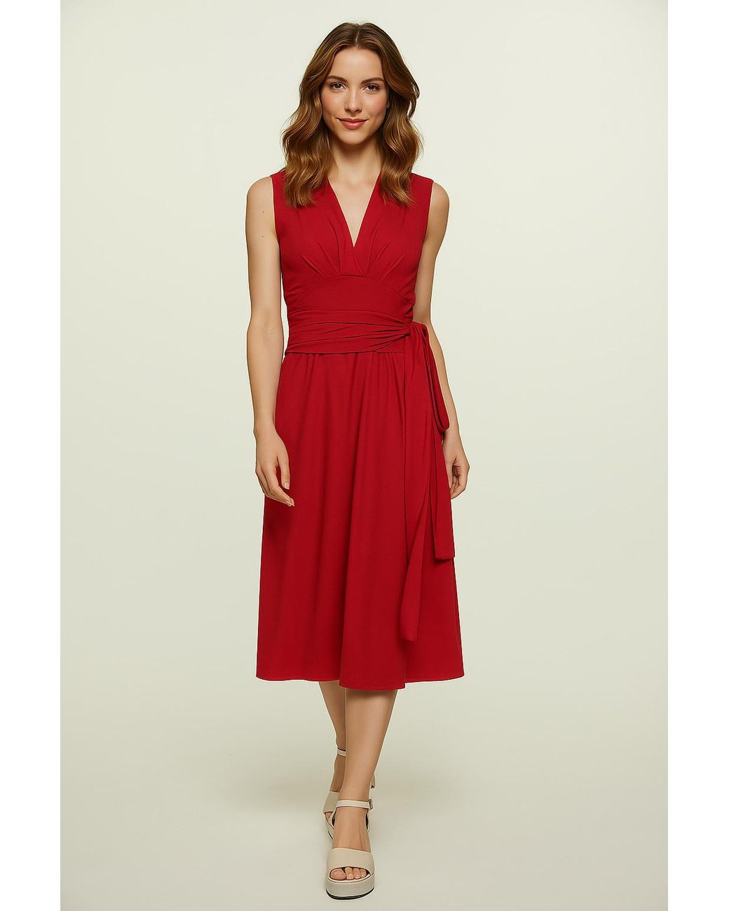 Conquista Red Chili Pepper Sleeveless V-Neck Wrap Dress – Soft Viscose Jersey