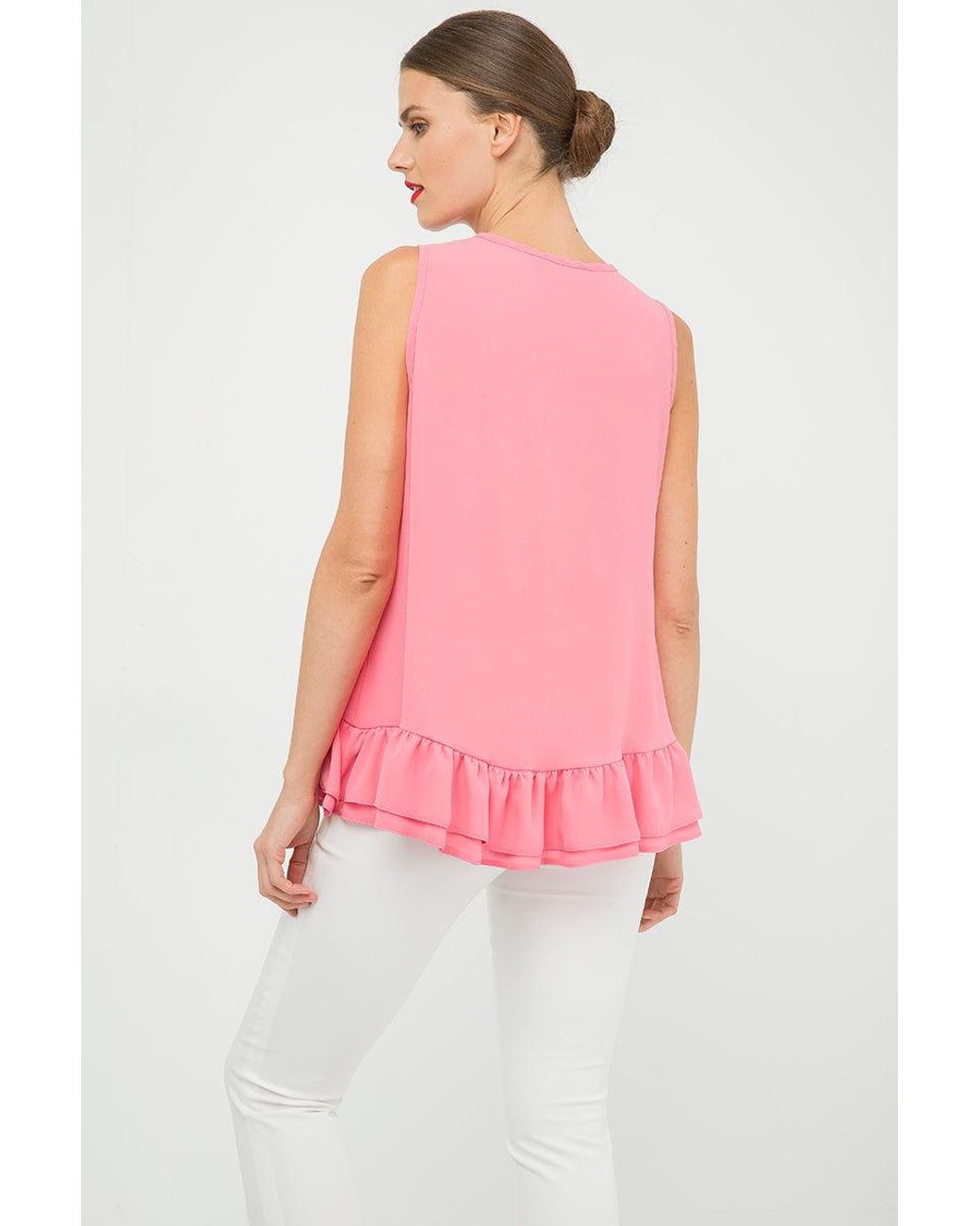 Conquista Pink Sleeveless Summer Top With A Wide Double Layer Frill