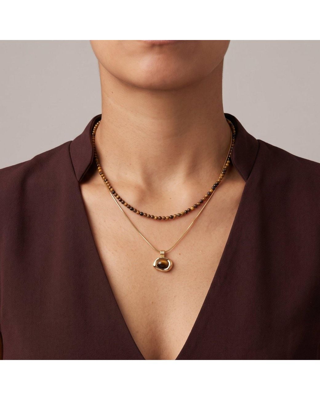Uchi and Soto Metallic Nekomeishi Tiger's Eye Beads & Chain Pendant