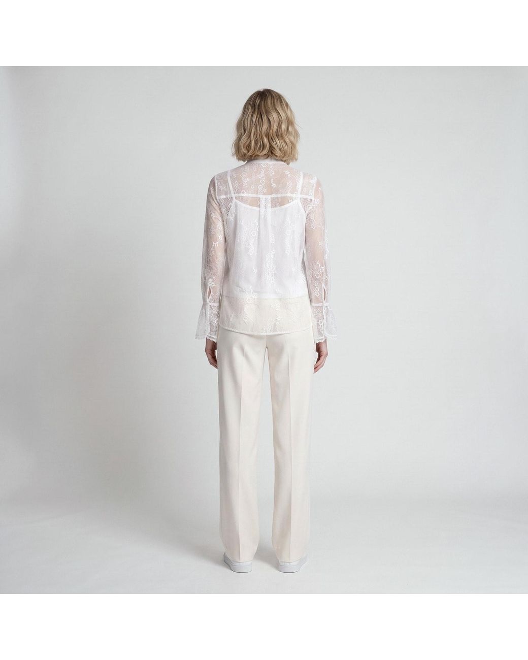 Modenaire White Sheer Lace Blouse With Bow Tie Neck Ruffle Front Detail With Cami