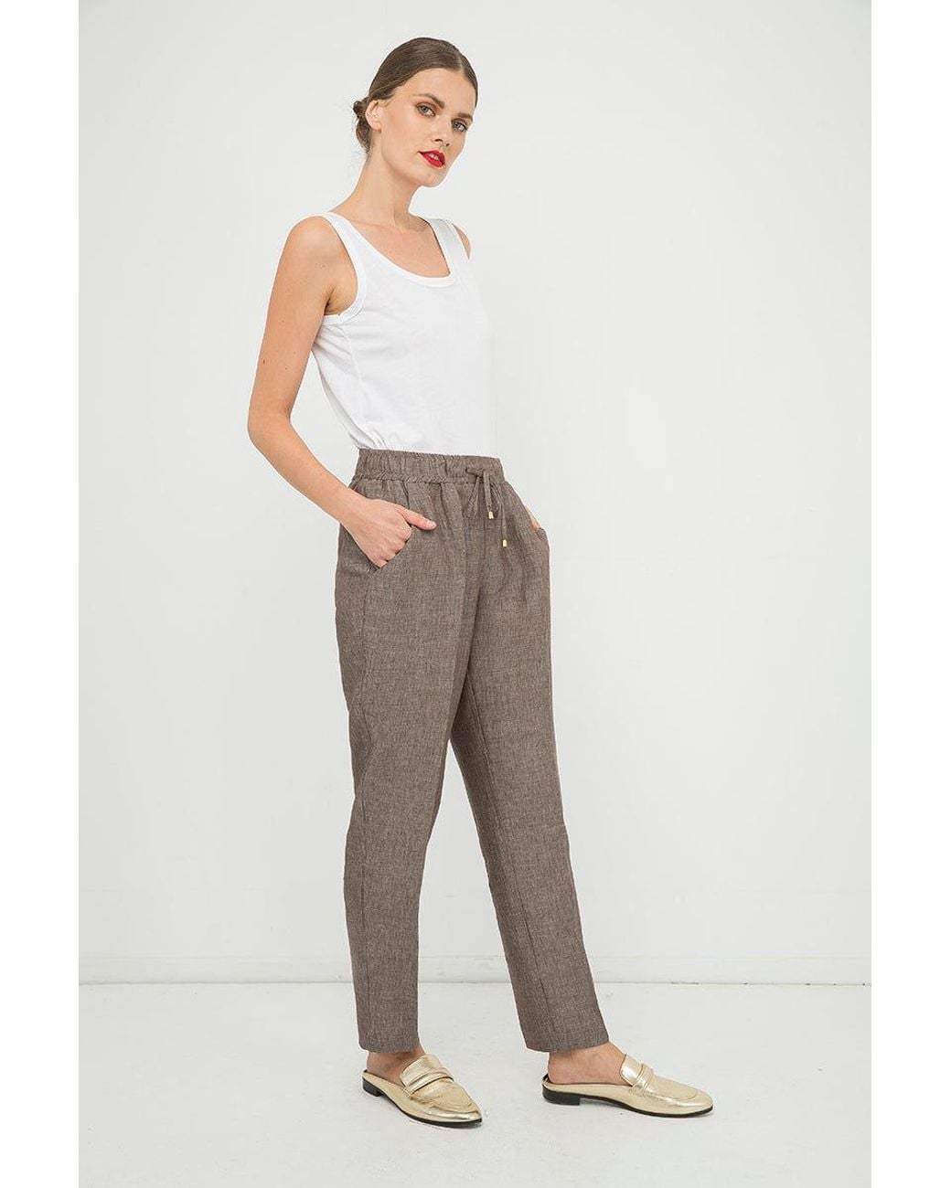 Conquista Brown Long Linen Pants With Tie Detail