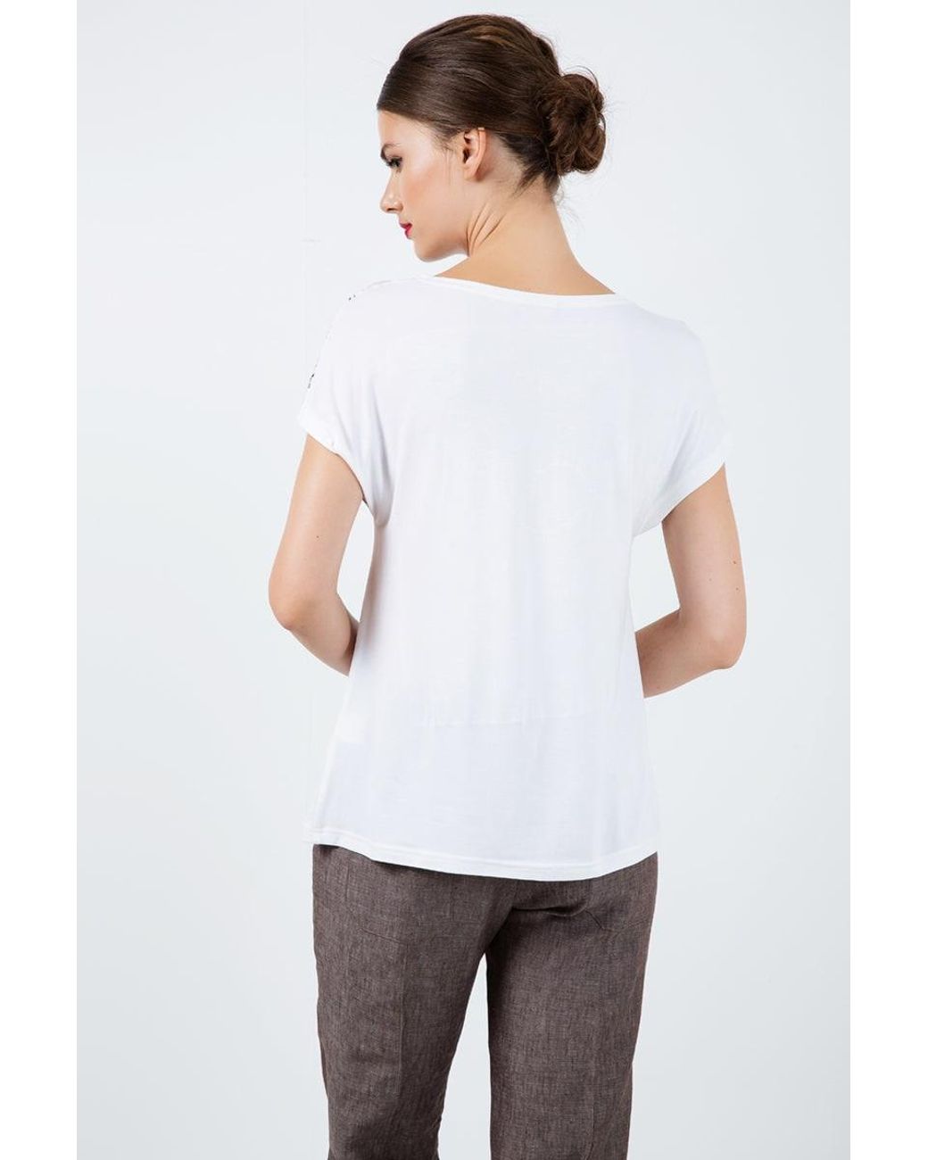 Conquista White Neutrals Boat Neckline Top With Multicoloured Print