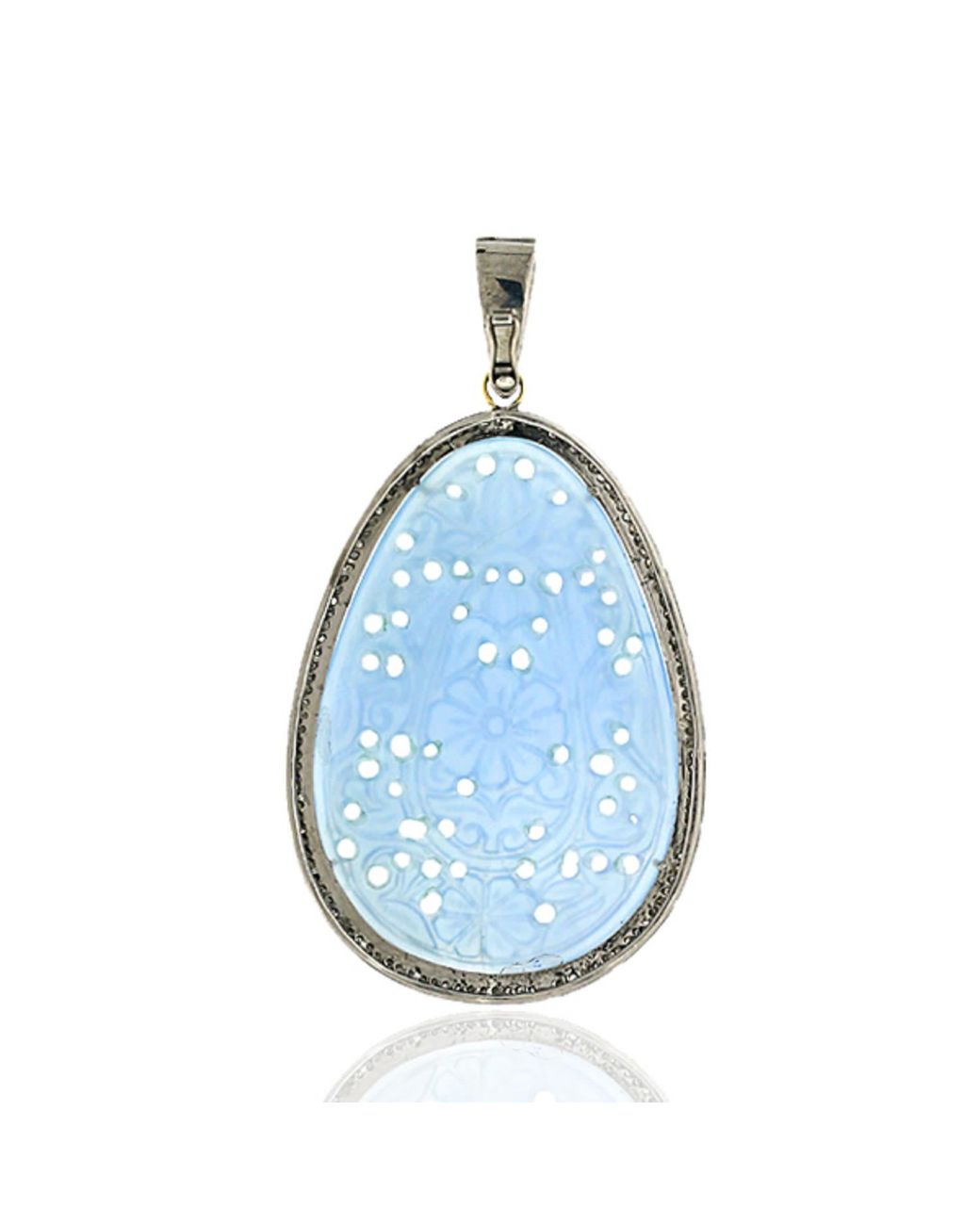 Artisan Blue Carved Agate Gemstone With Pave Diamond In 18k Gold & Silver Oval Cut Pendant