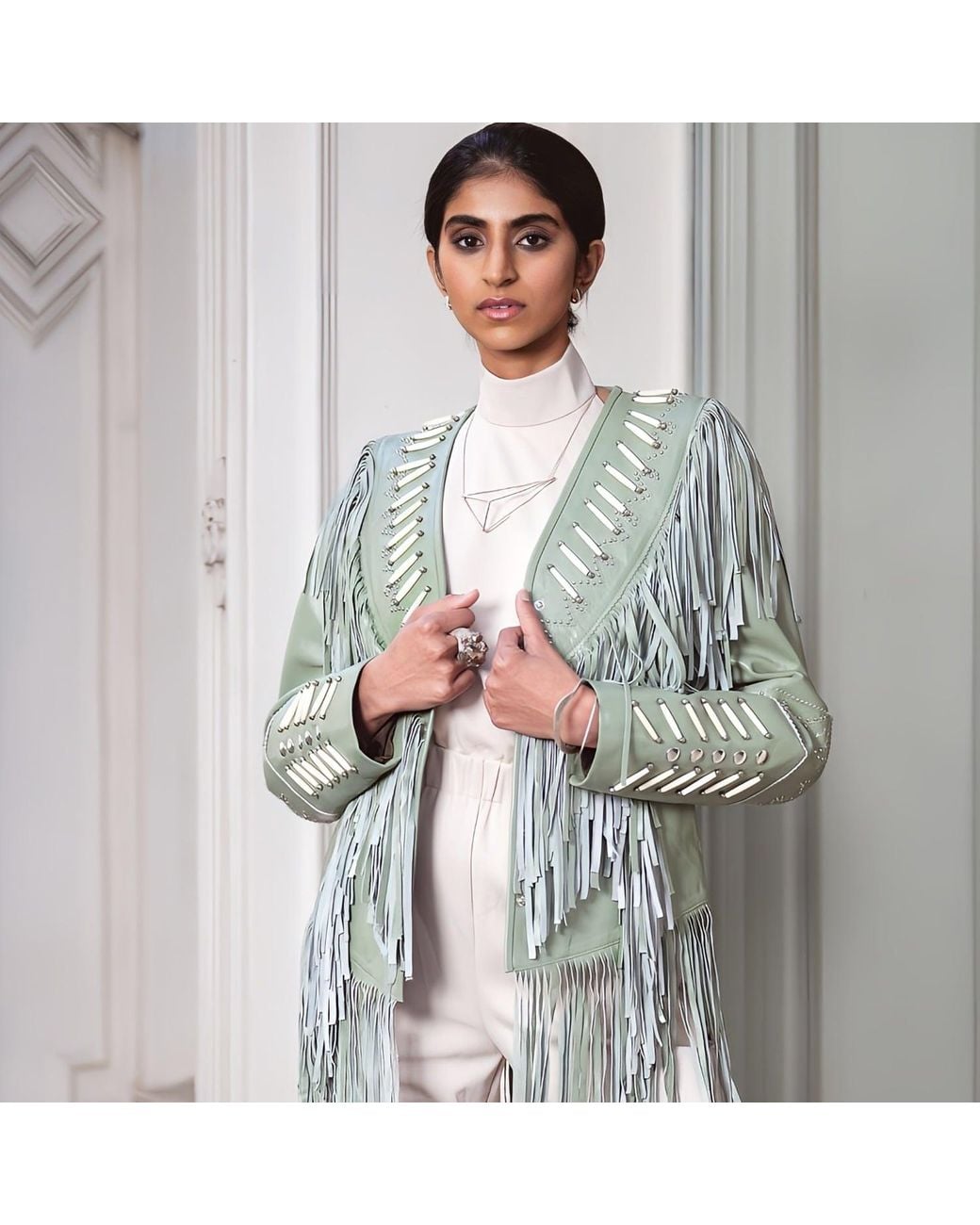 Zasta Studio Green The Leader- Beads & Fringes Leather Jacket