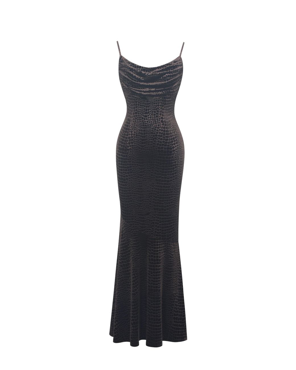 Miss Circle New York White Veronique Croc-Embossed Velvet Cowl Neck Mermaid Maxi Dress