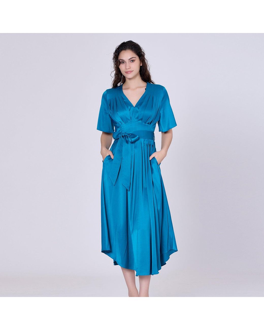 Smart and Joy Blue Multi Pleats Satin Gown