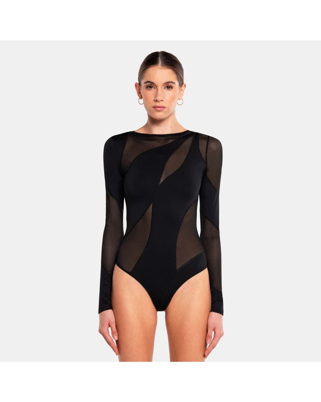 OW Collection Black Spiral Mesh Long Sleeve Bodysuit
