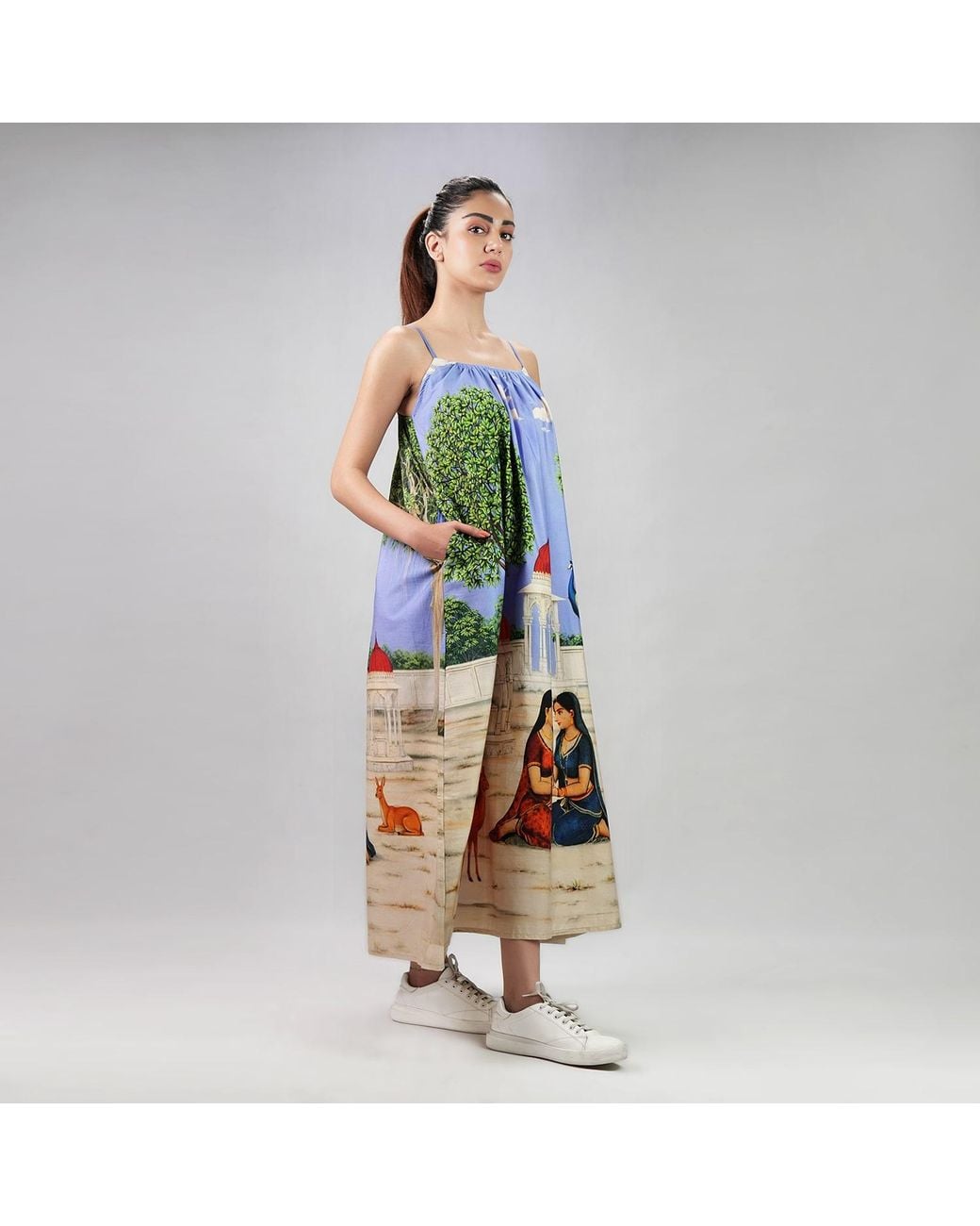 DHARA SHETH DUBAI Blue Saanjh Heritage Art Print Spaghetti Strap Maxi Dress