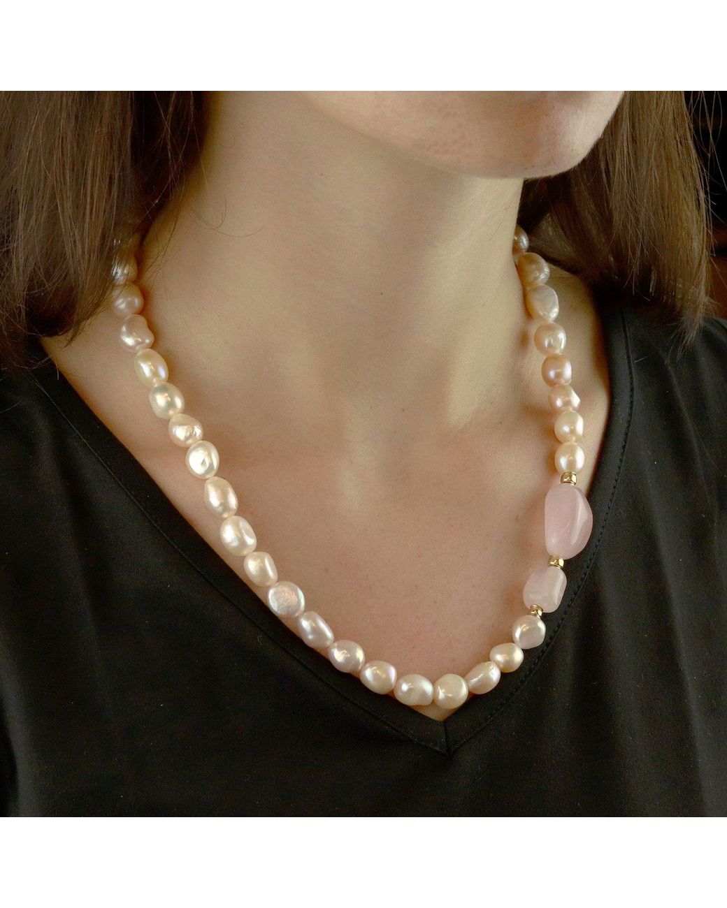 MOUNIR LONDON Metallic Pearl Rose Quartz Necklace Statement Necklace