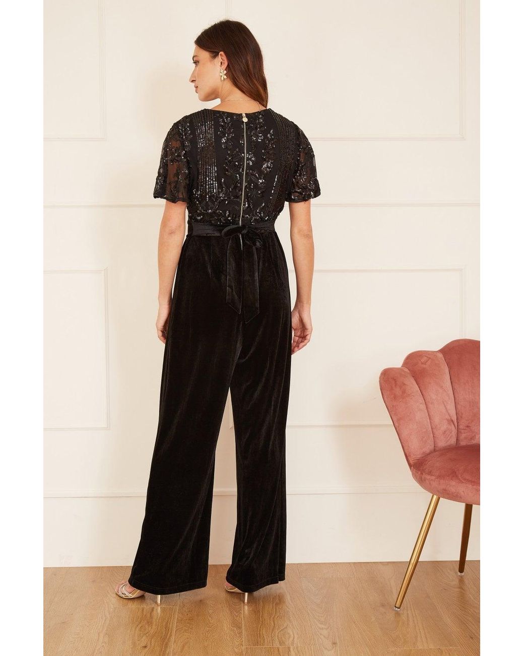 Yumi' Black Sequin Embellished Velvet Jumpsuit With Angel Sleeves