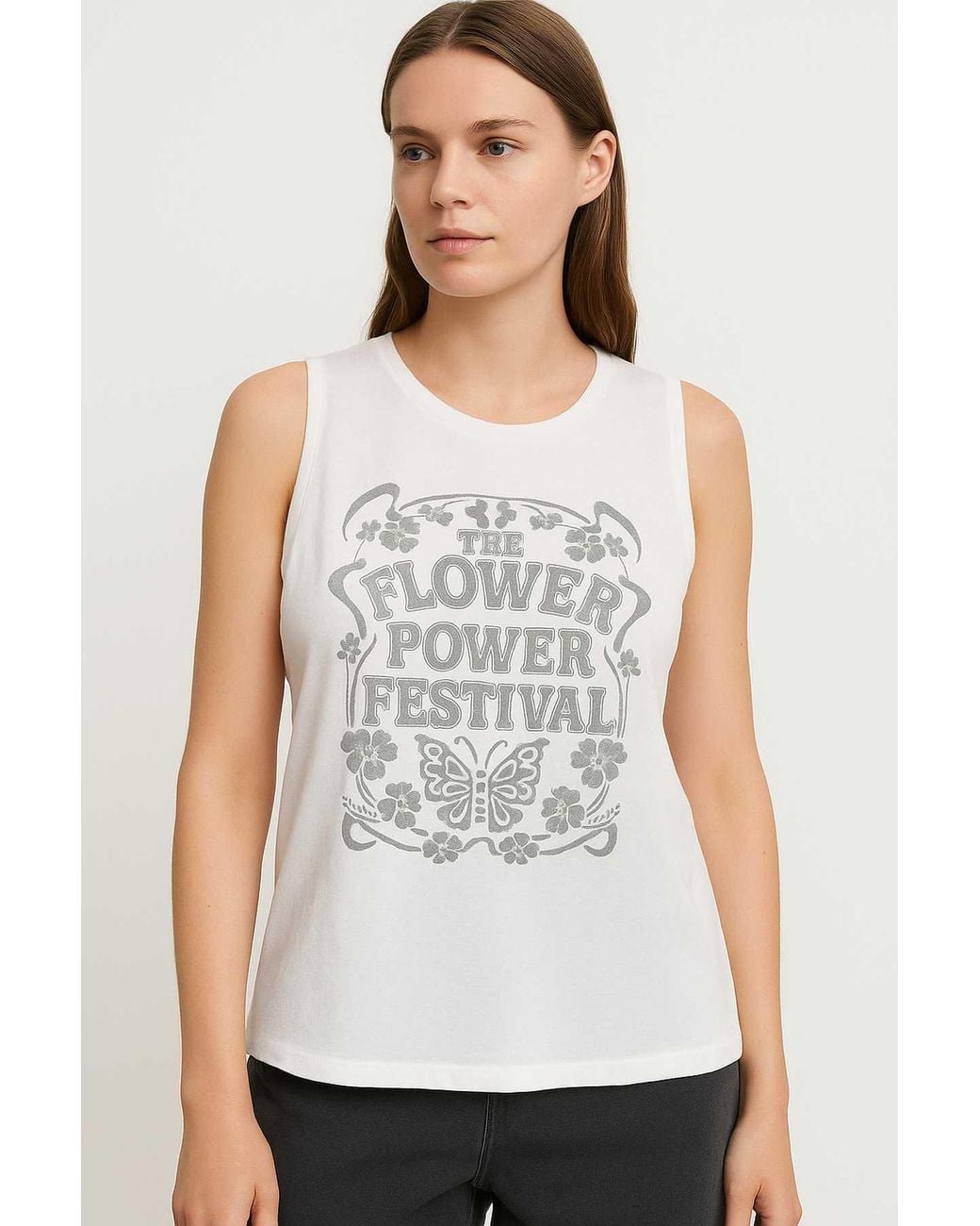 Conquista White Flower Power Festival Cotton Tank Top