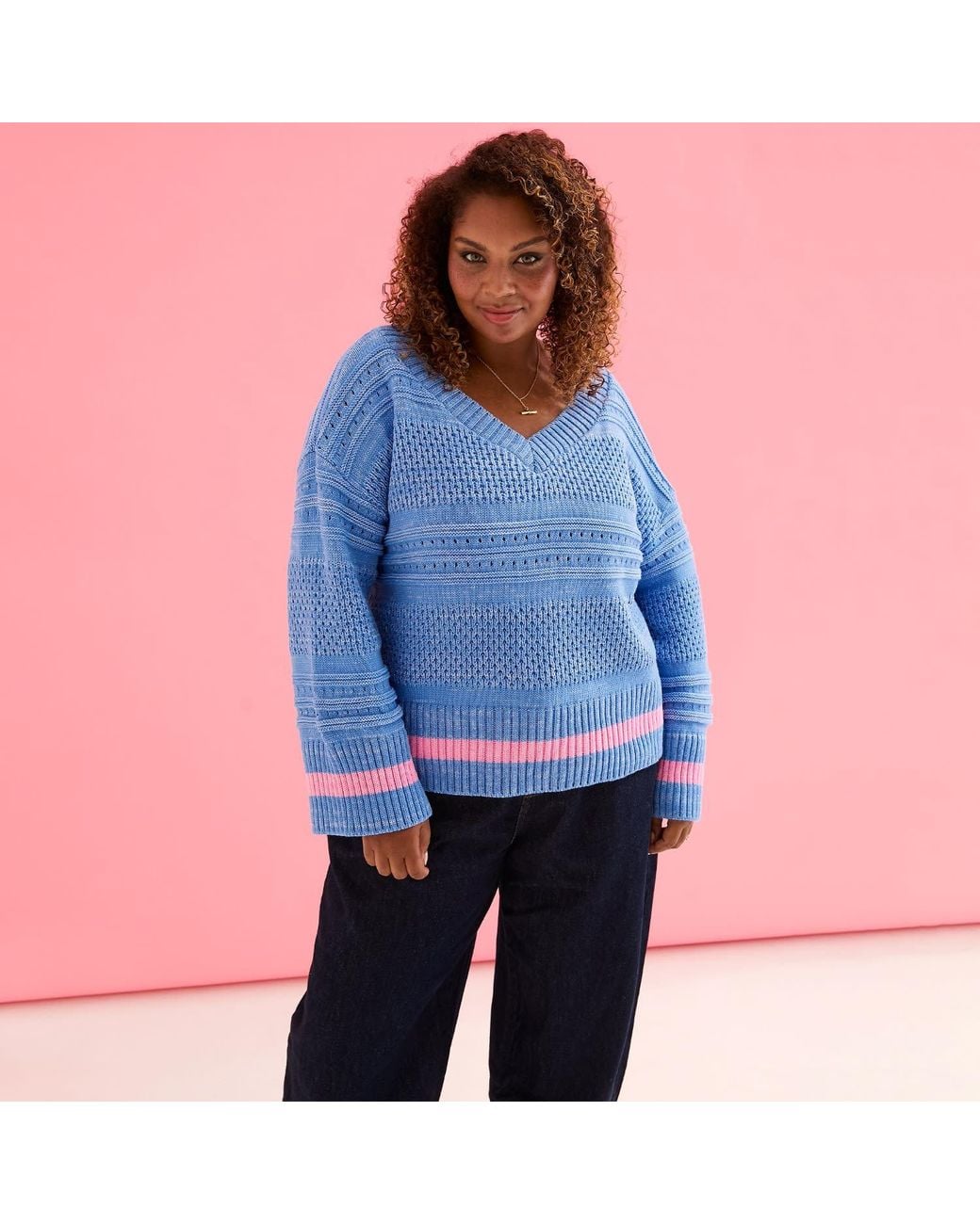 Cara & The Sky Blue Judith Pointelle Stitch V Neck Jumper