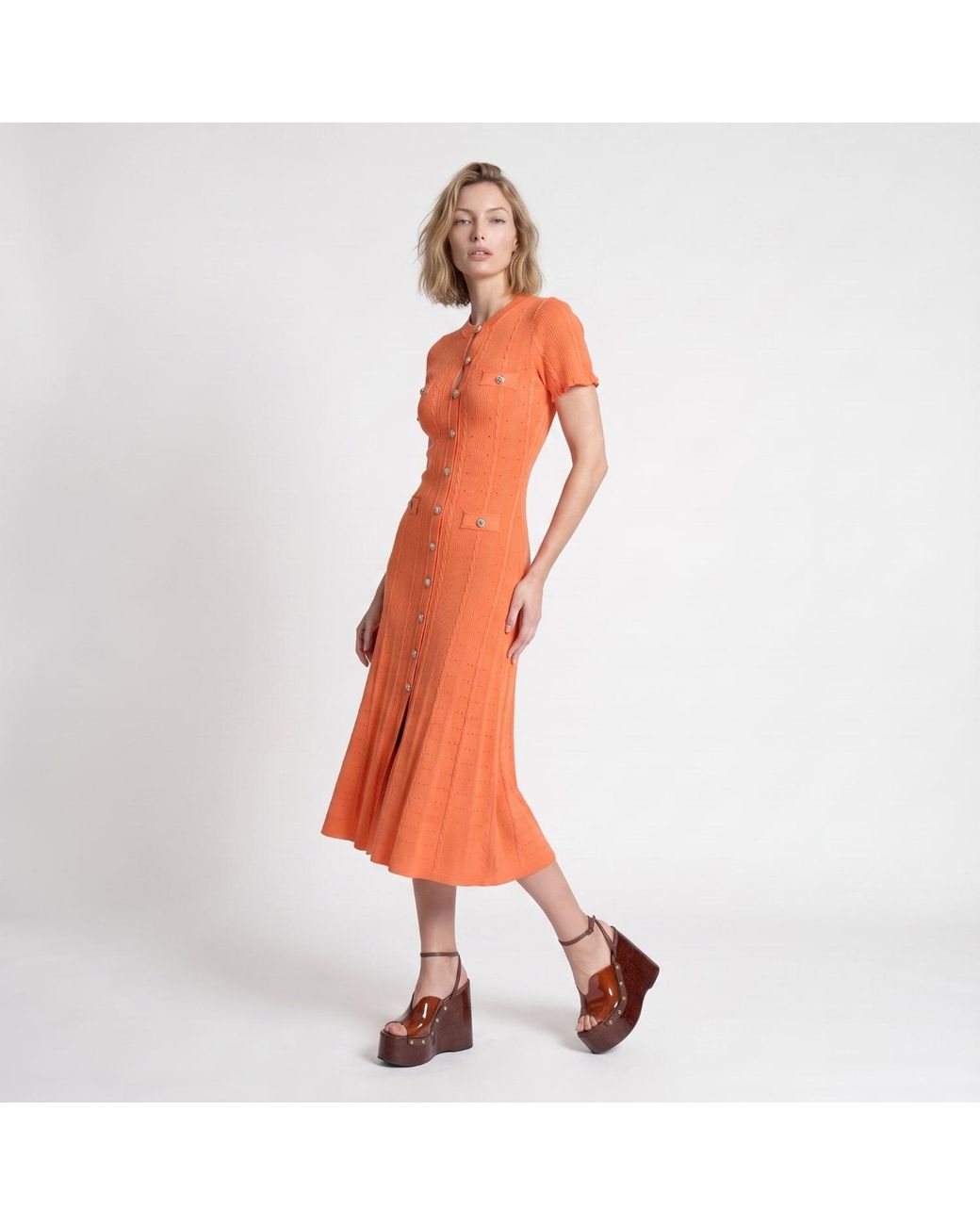 Modenaire Orange Button Front Knit Midi Dress