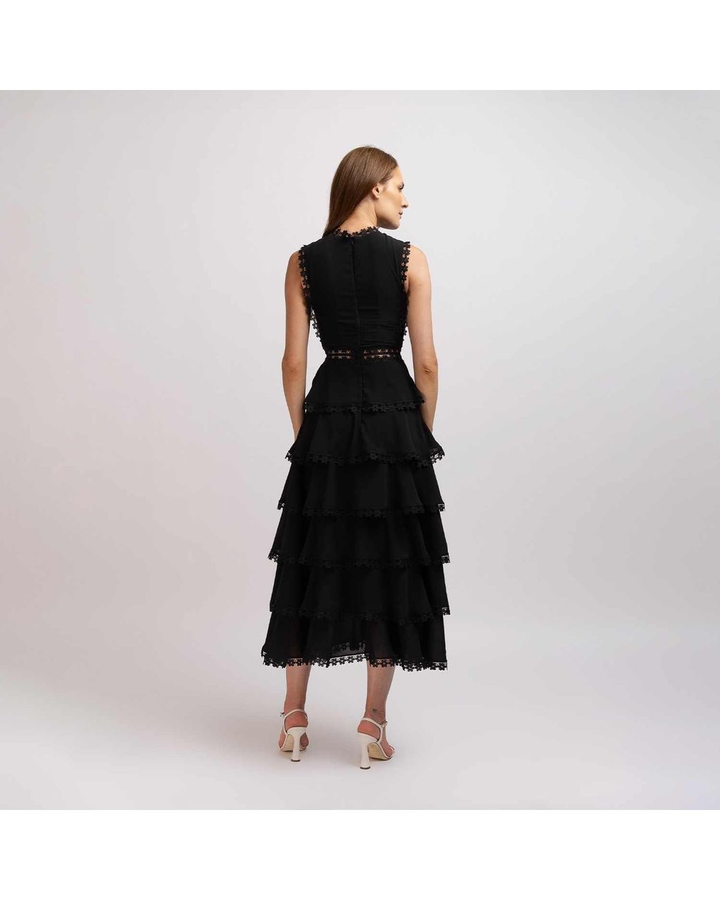 IZABELA MANDOIU Black Viscose Ruffle Midi Dress With Floral Lace
