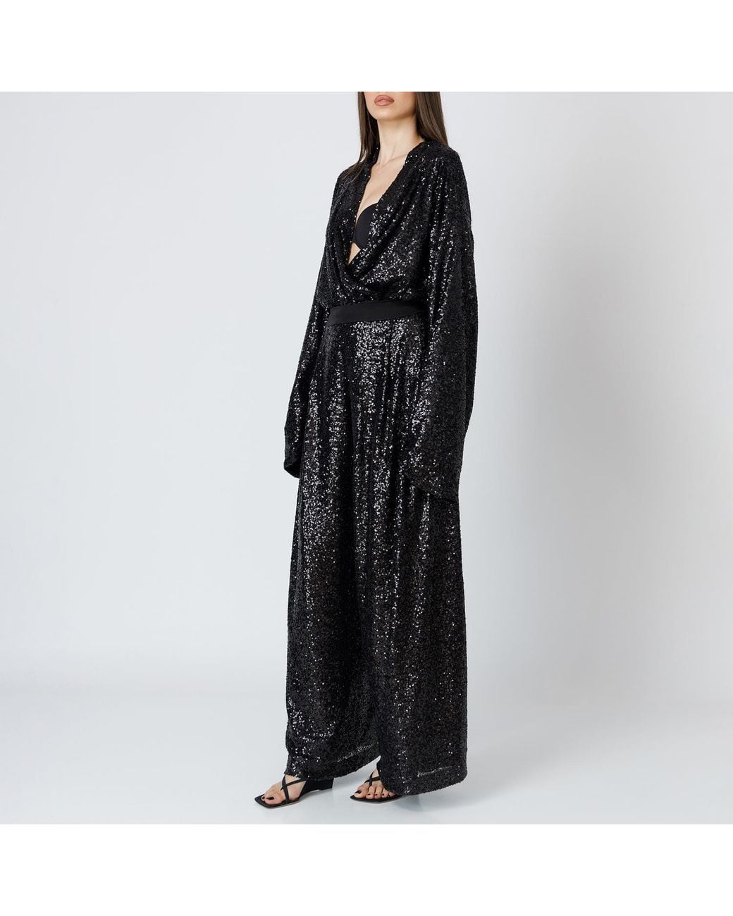LIA ARAM Black Wrap-Around Sequin Cropped Trousers