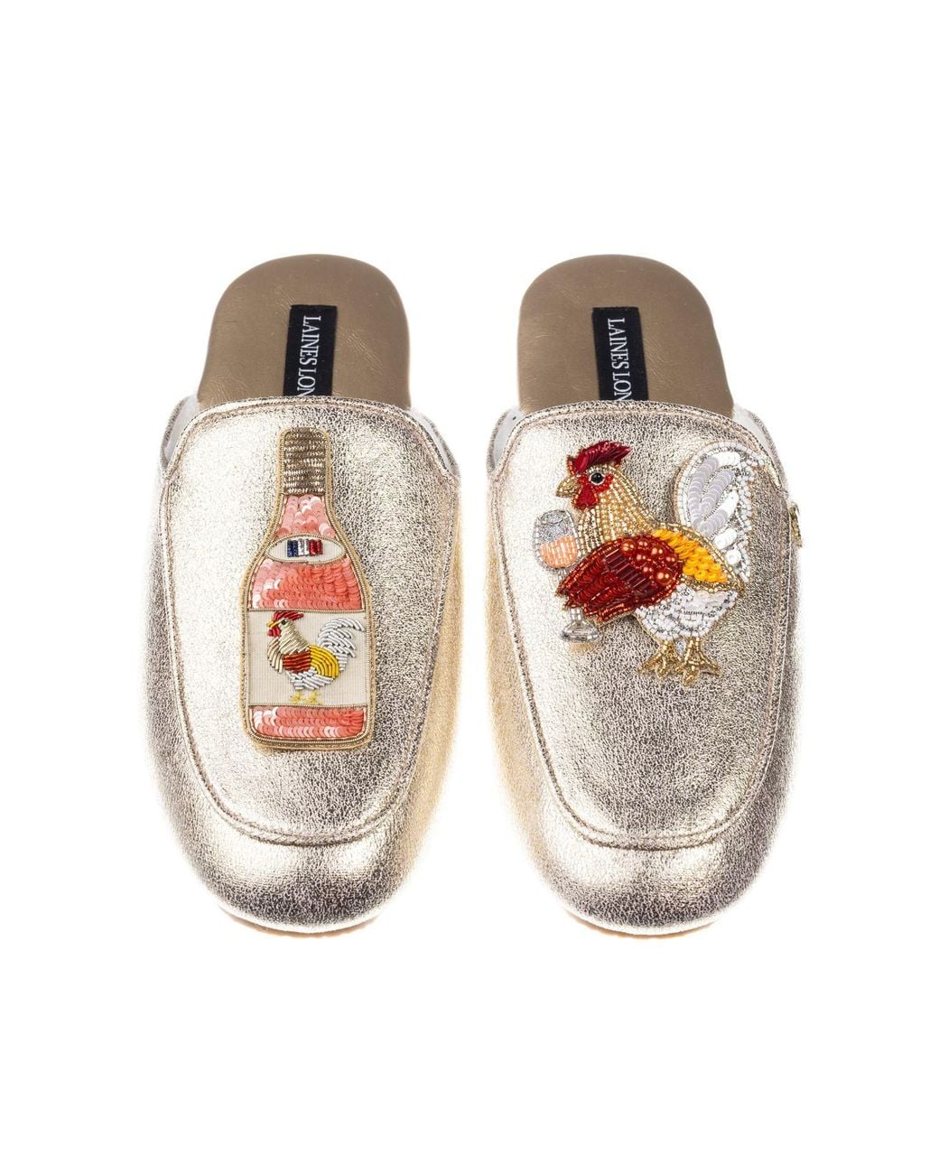 Laines London Metallic Classic Mules With Chicken Wine Brooches