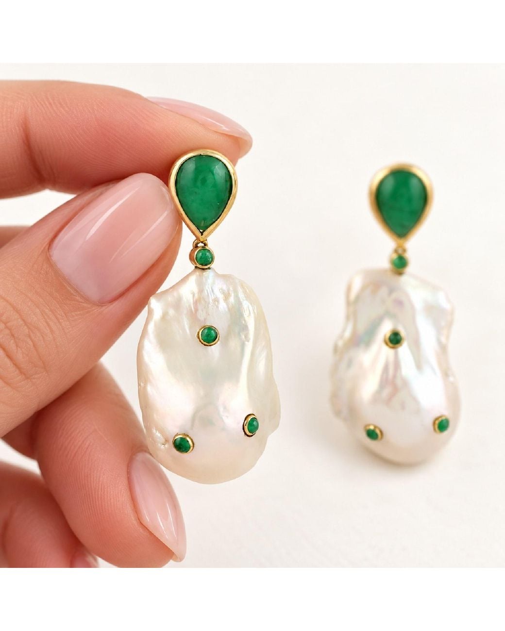 Artisan Green Natural Pearl & Emerald Pear Shape 18k Yellow Gold Dangle Earrings