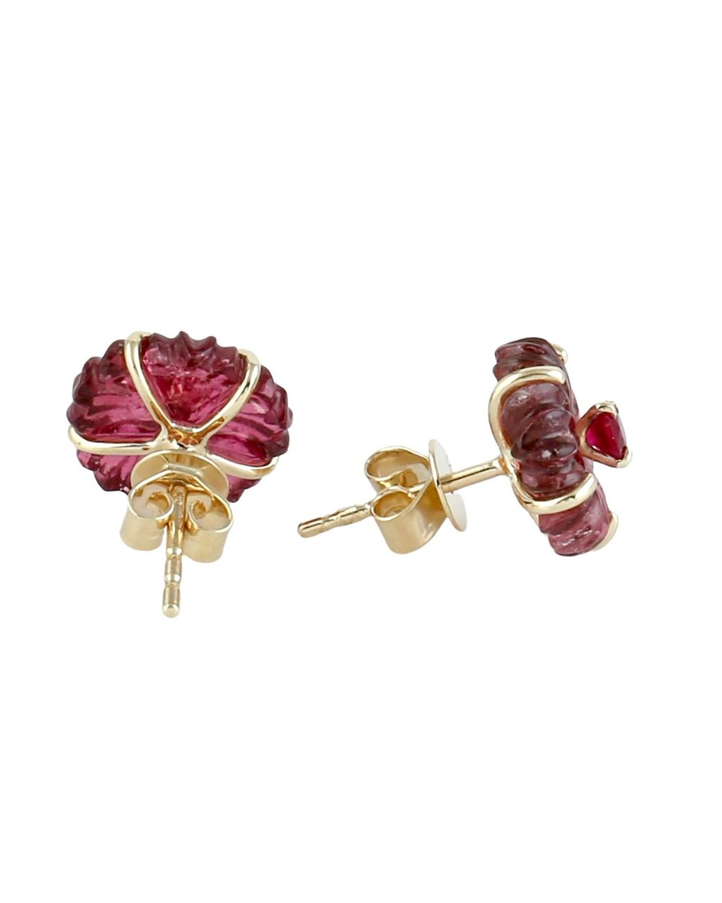 Artisan Red 14K Carved Tourmaline & Ruby Flower Stud Earrings