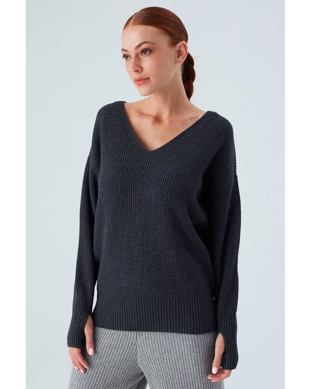 Peraluna Blue Cashmere Blend V Neck Loose Fit Pullover