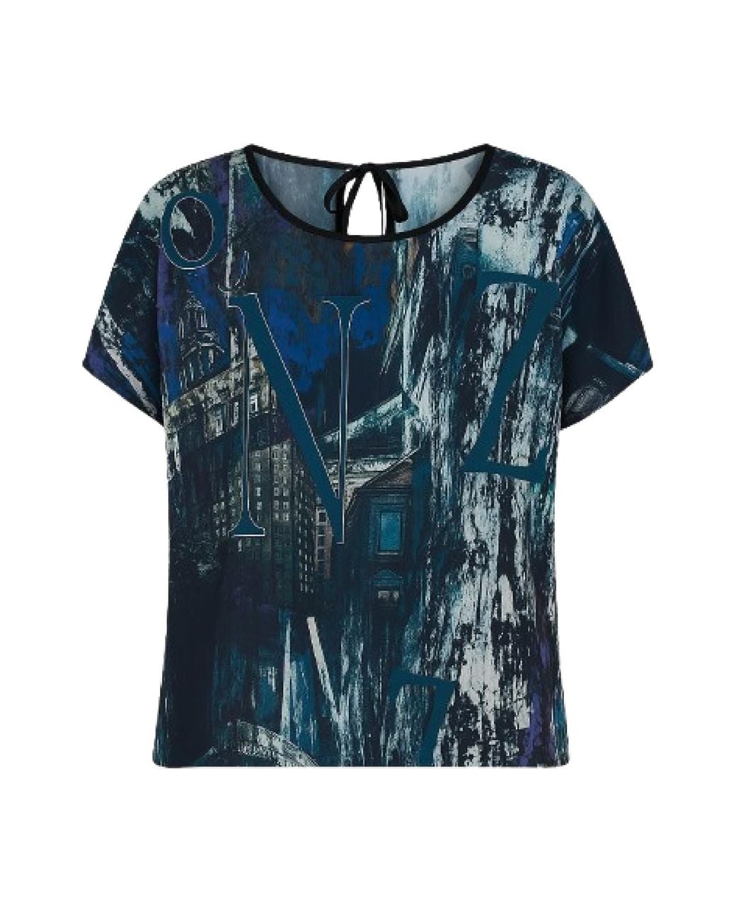 Conquista Blue Printed Silky-Feel Short-Sleeve Blouse