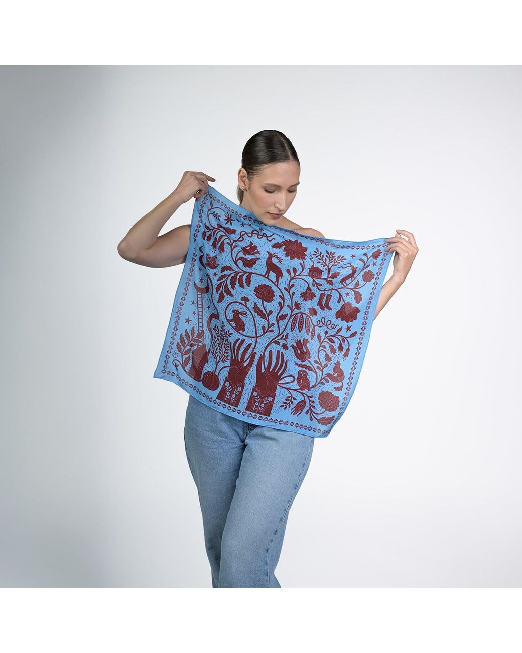 Silk&Soul Blue Folk Motif Silk Scarf