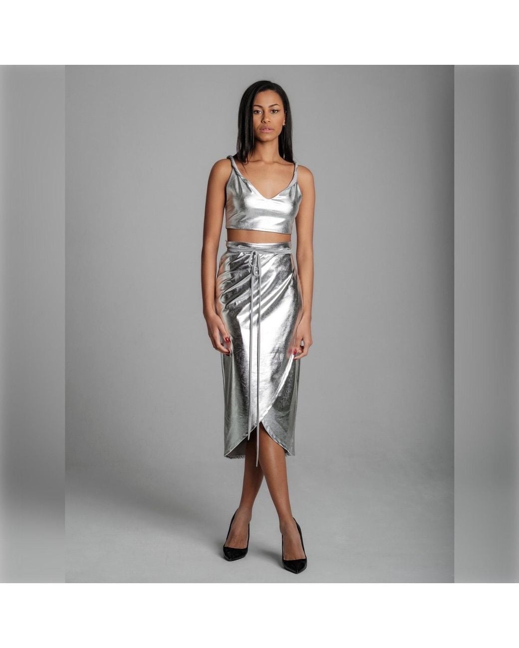 Imaatu Gray Drape Glam Metallic Faux Leather Wrap Midi Skirt