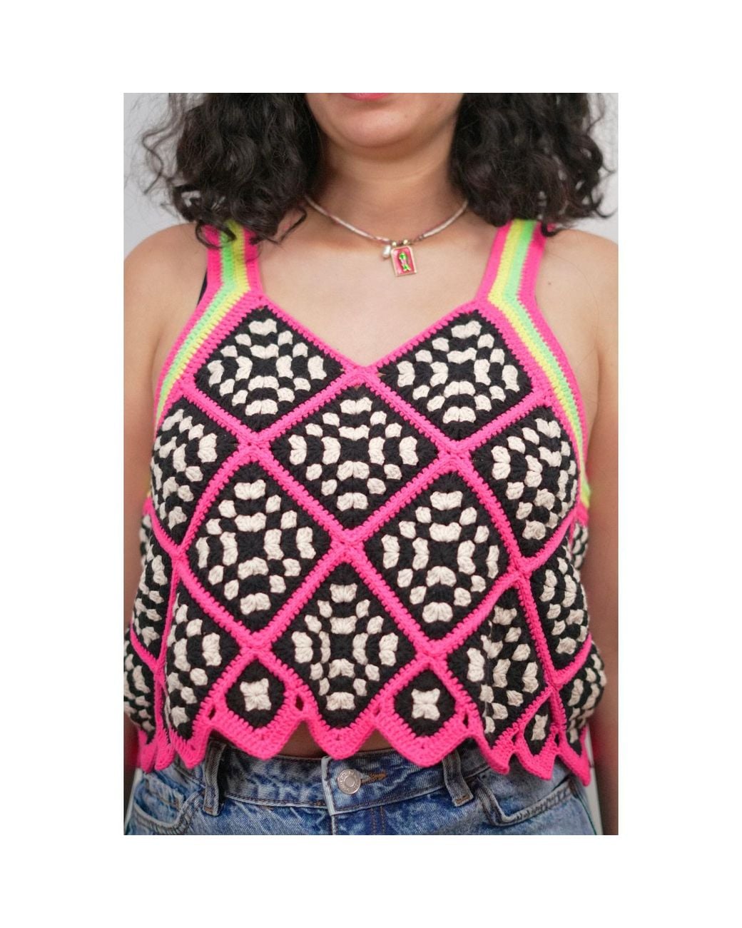 Ana Chic Red Neon Trim Granny Square Handmade Crochet Crop Top
