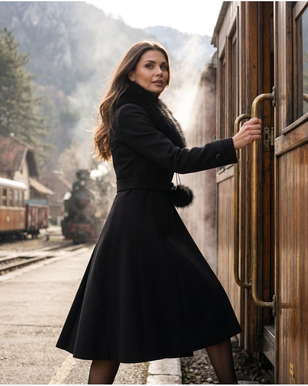Luna Fashion House Black Wool Coat With Fur Collar, Lucy