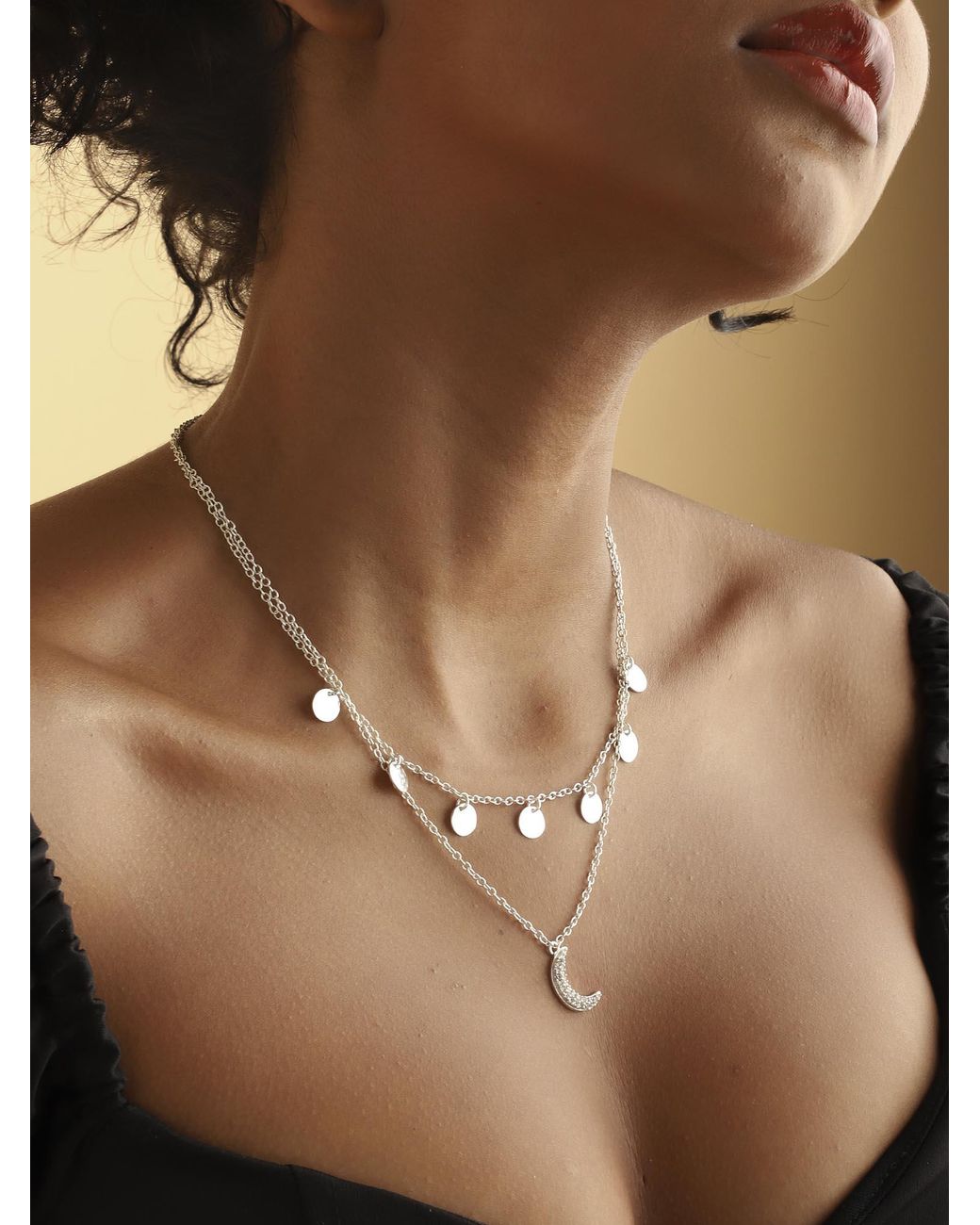 Lila Rasa Metallic Celestial Double Layer Necklace Crecent Cz Moon