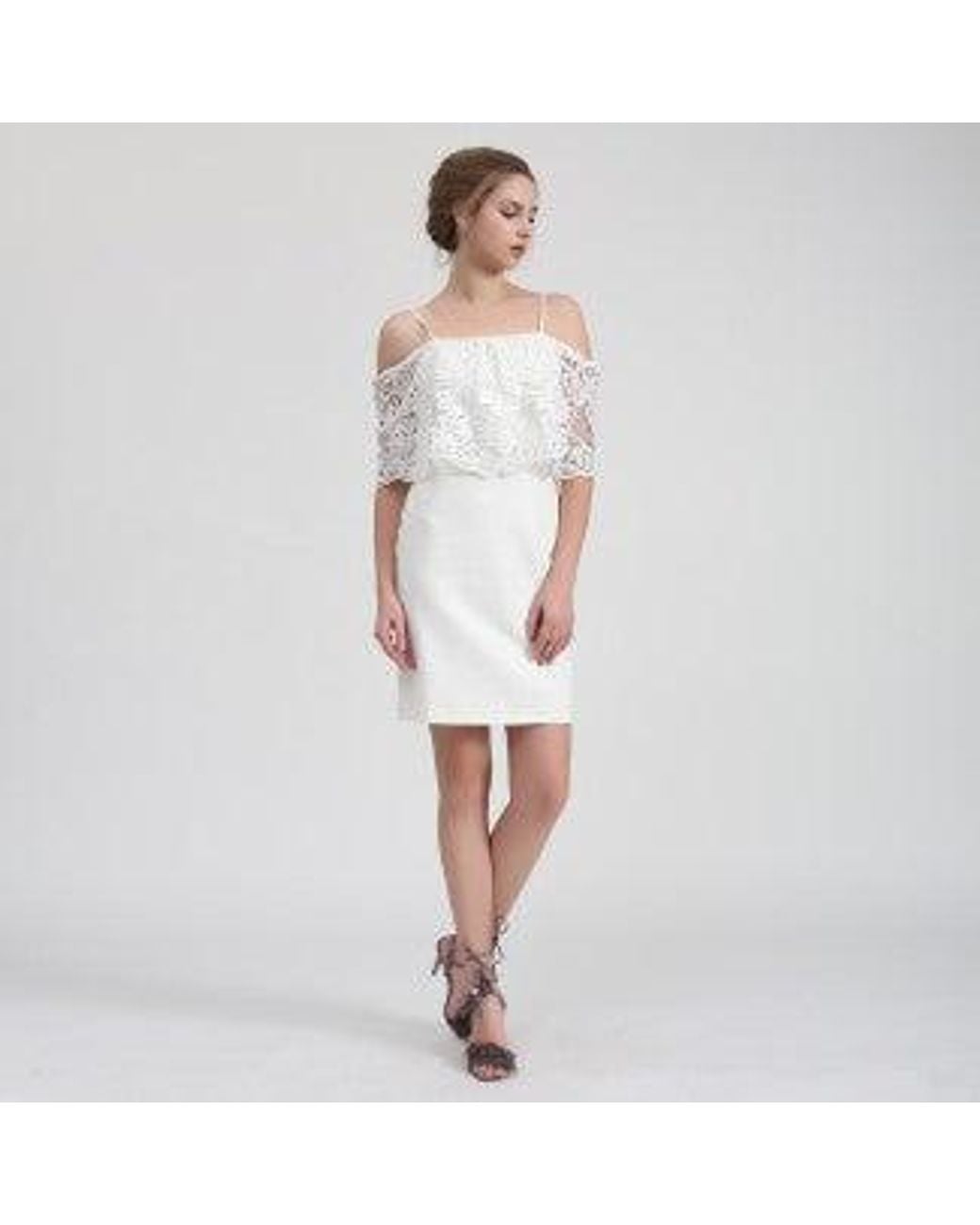 Smart and Joy White Bardot Lace Trim Off-Shoulder Mini Dress
