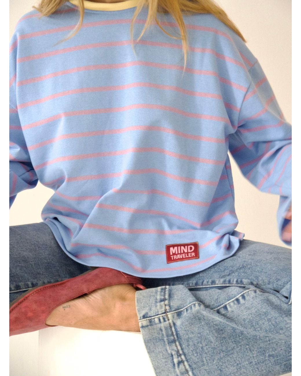 Mind Traveler Blue Light Striped Míriam Long Sleeve Top With Contrast Neck