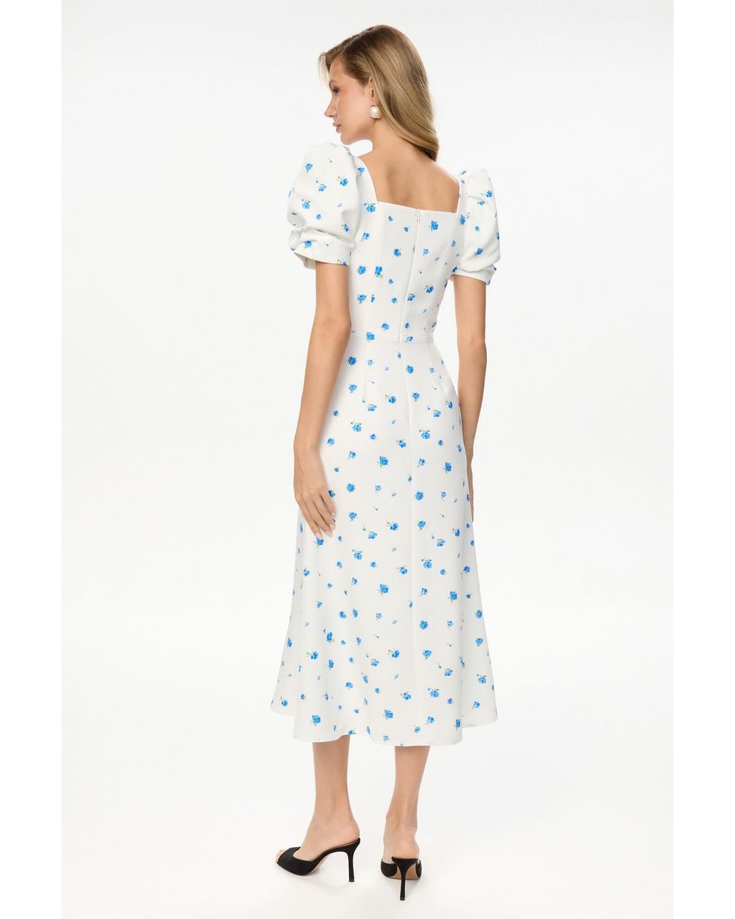 POST MERIDIEM White Godet Silhouette Square Neck Midi Dress
