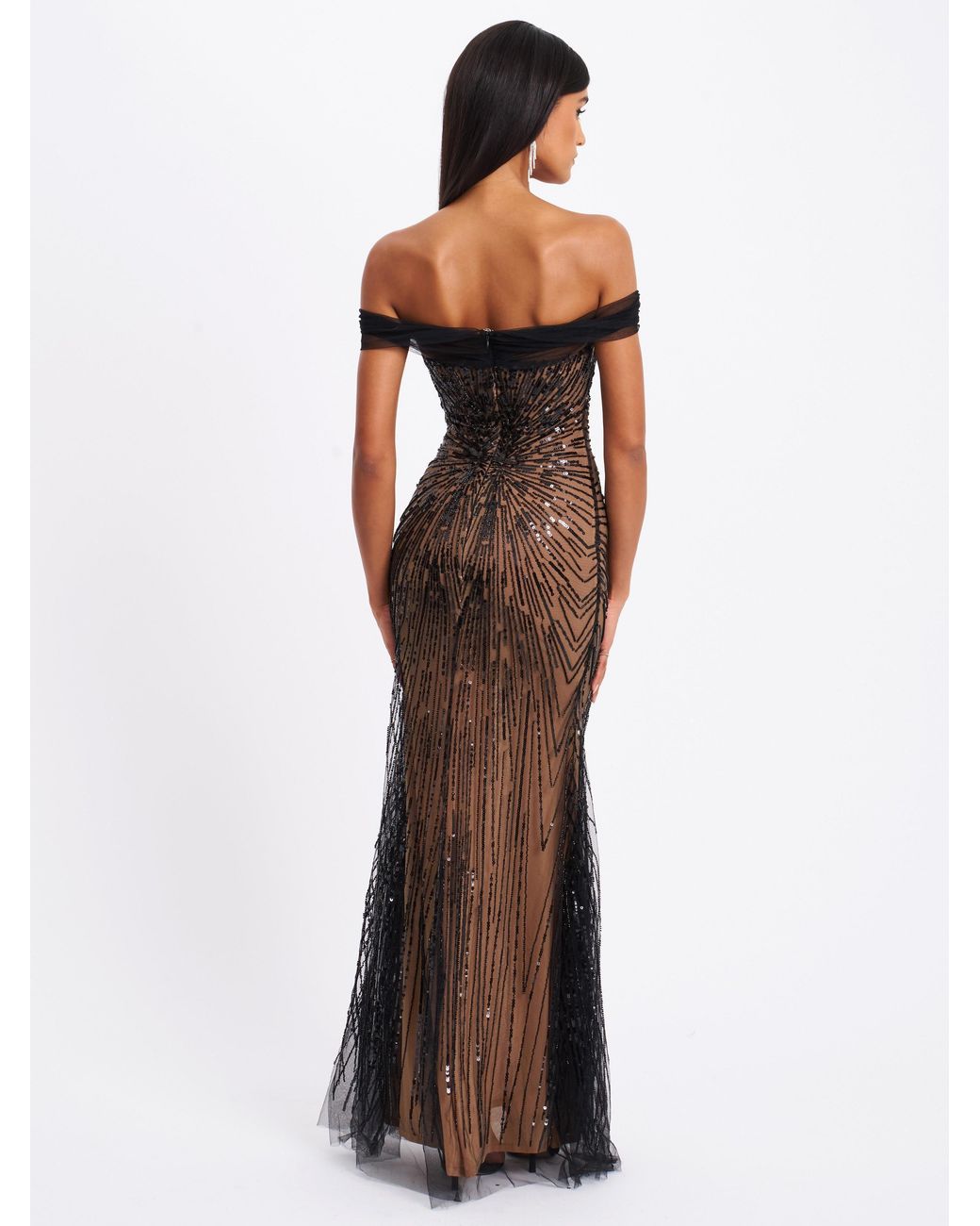 Miss Circle New York Black Qeturah Embroidered Sequin Off Shoulder Mesh Gown
