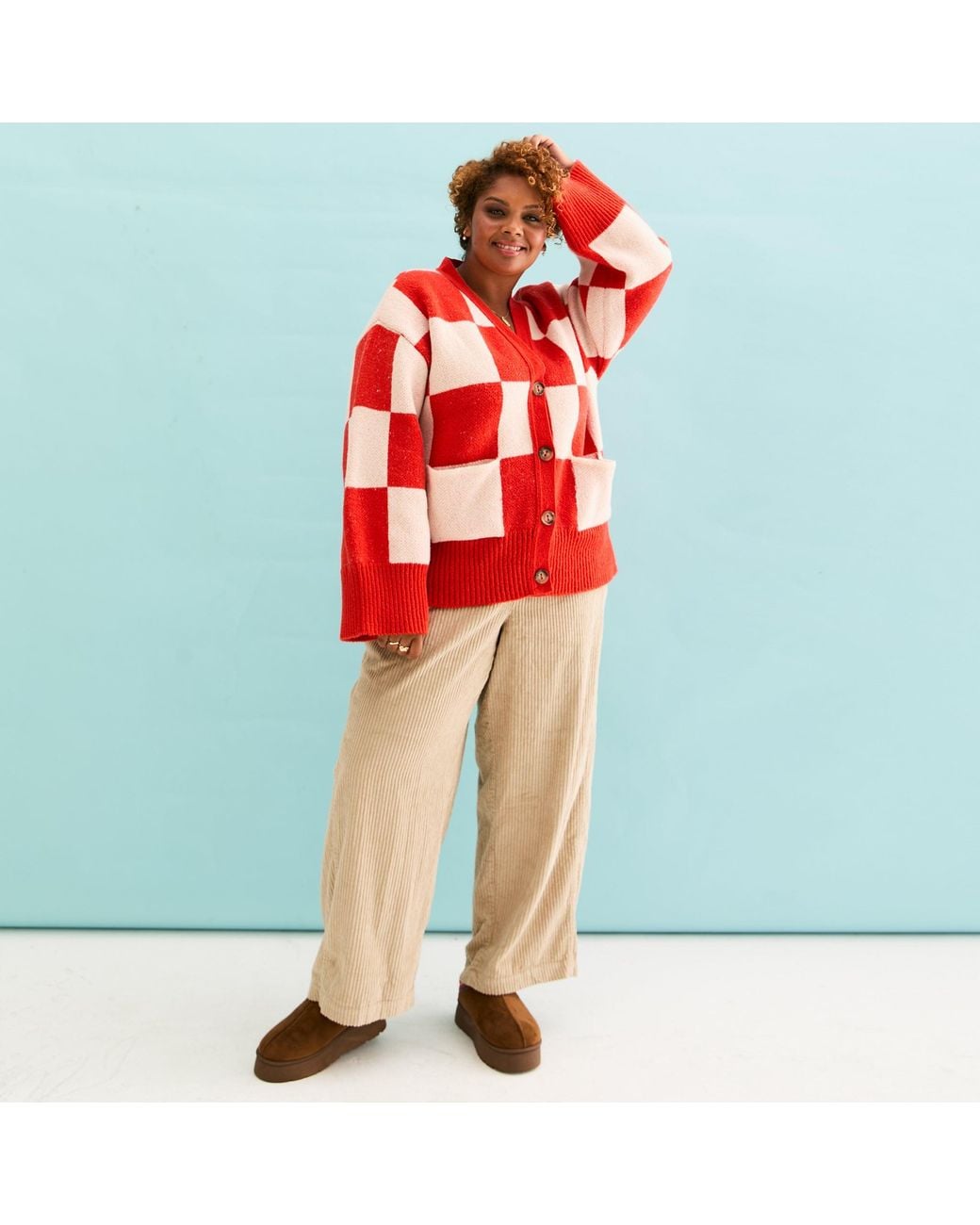 Cara & The Sky Red Candice Checked Wide Sleeve Cardigan