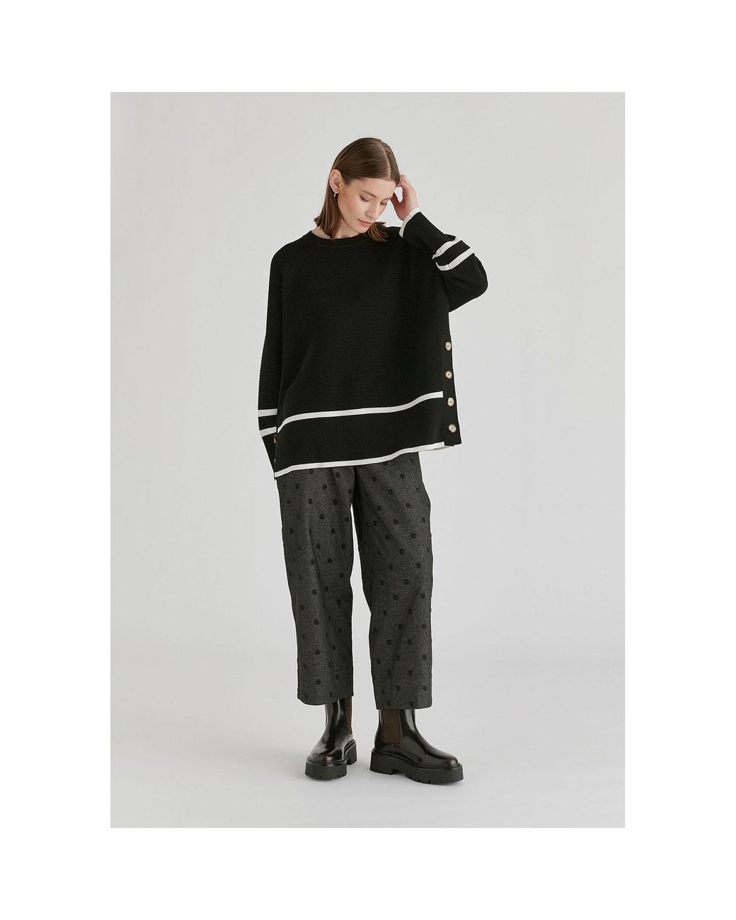Paisie Black Striped Details Ribbed Jumper With Side Buttons