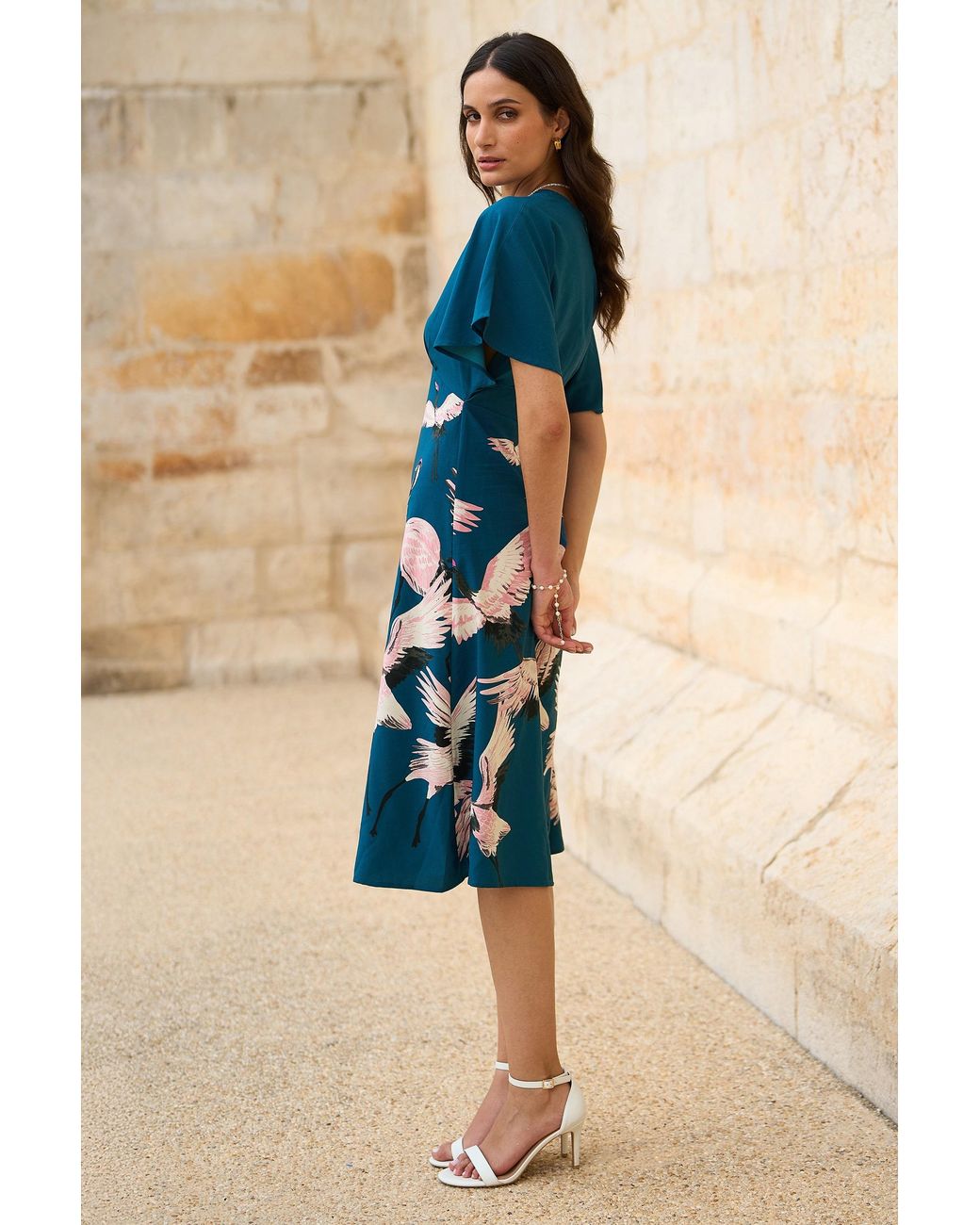 Yumi' Blue Recycled Fabric Crane Print Kimono Midi Dress