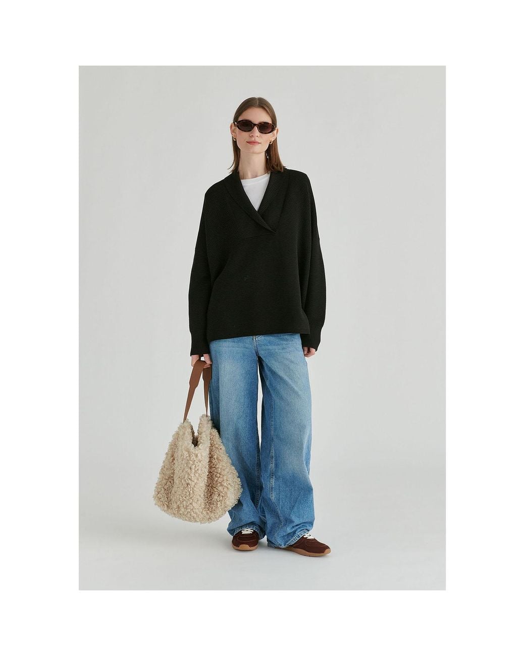 Paisie Black Shawl Collar Ribbed Jumper
