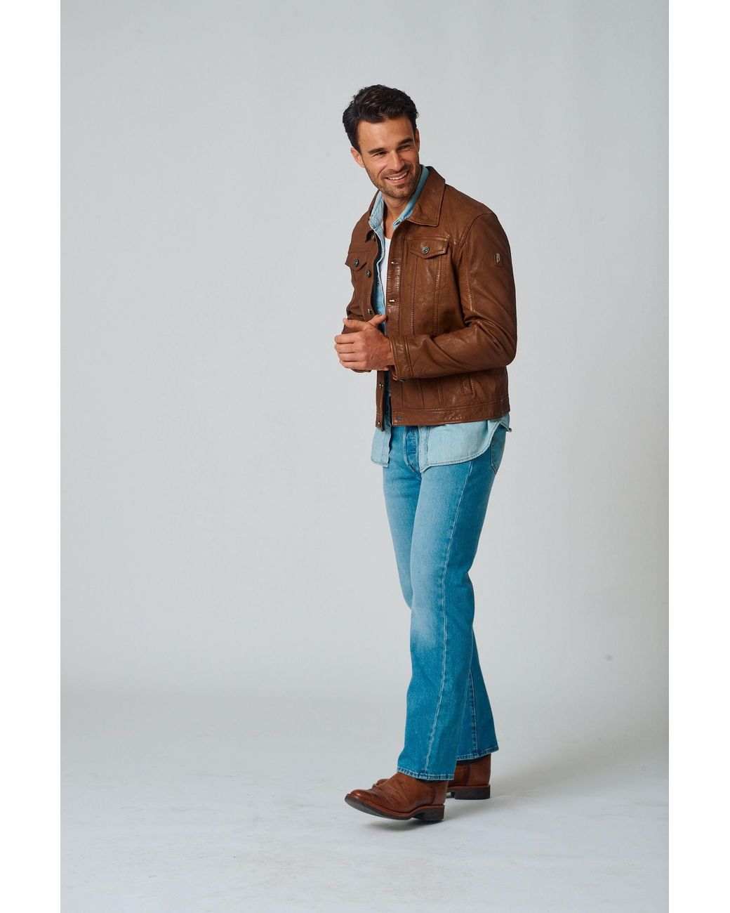 Mauritius Brown Leather Trucker Jacket Geoff for men