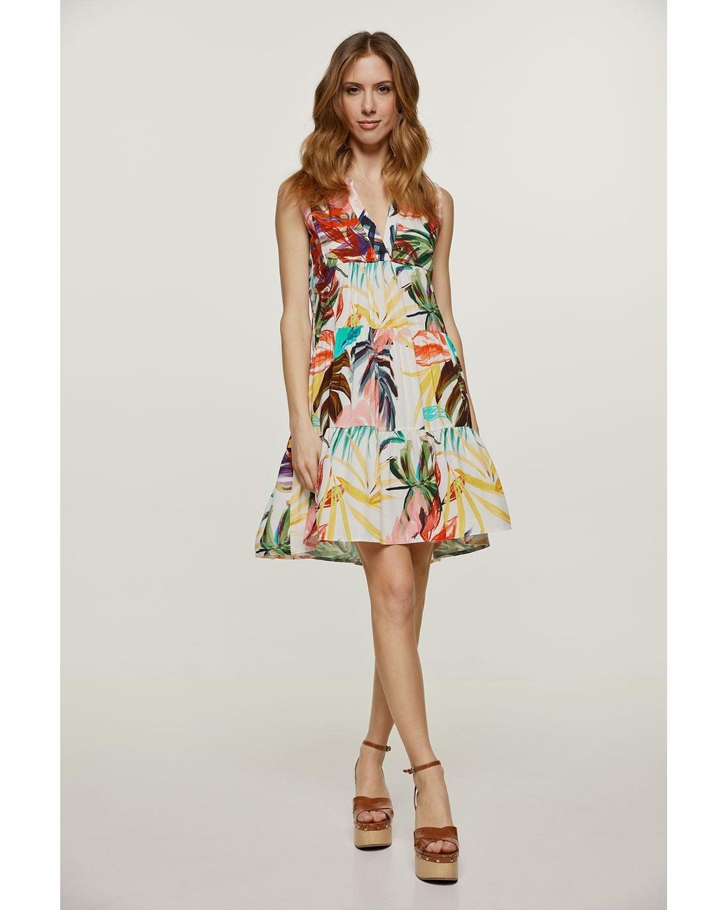 Conquista Natural Neutrals Ecru Leaf Print Sleeveless Dress
